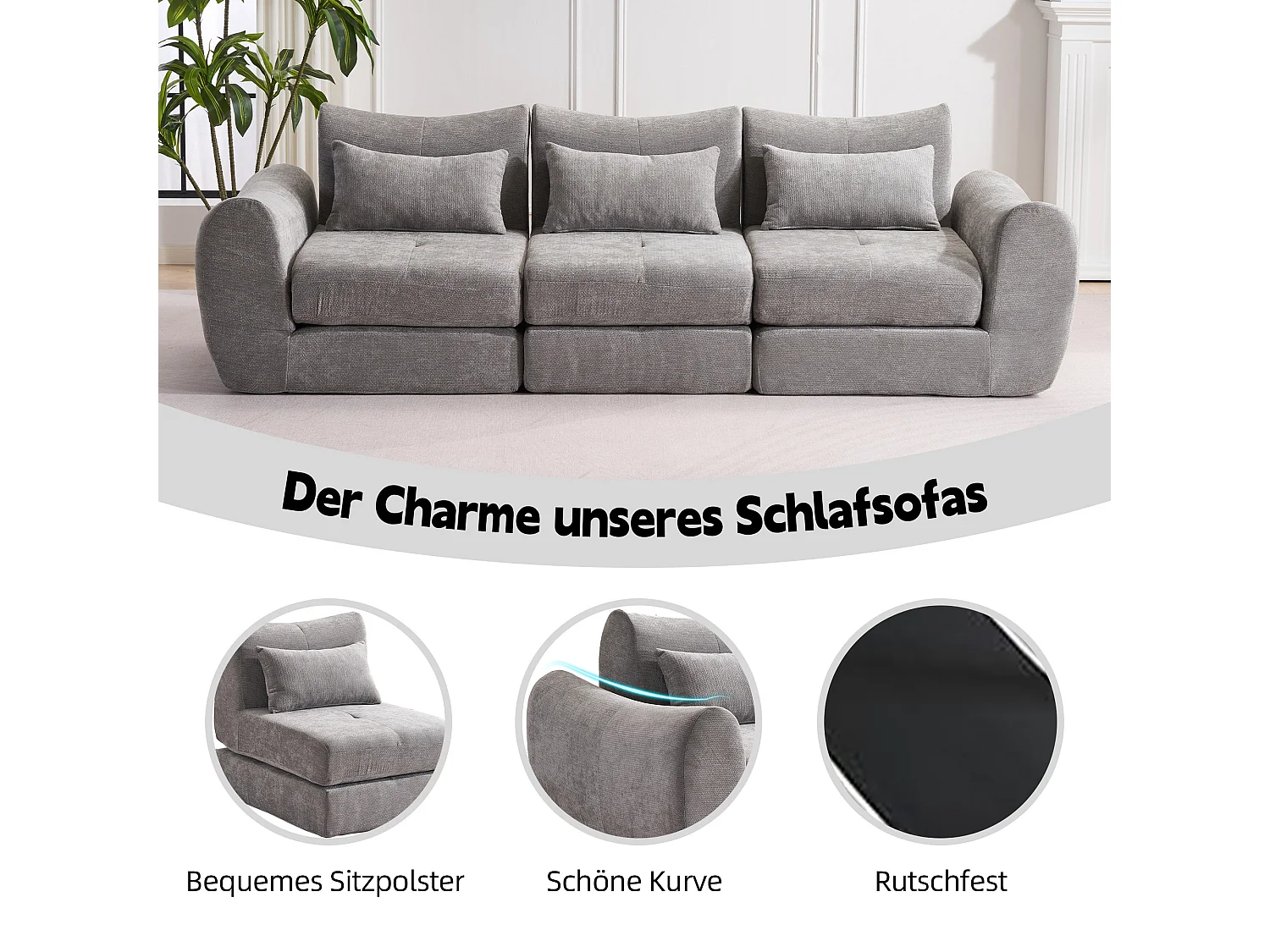 Canapé d’angle modulable 3 places, convertible, chenille, 262x97x78 cm, gris