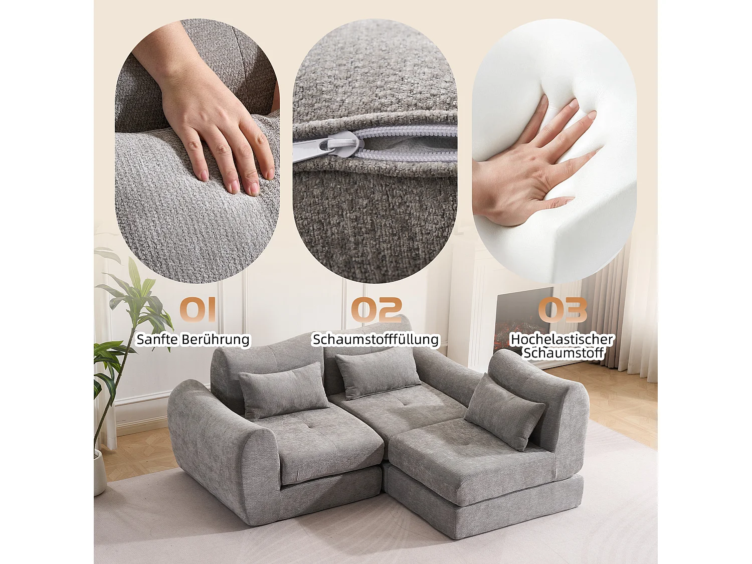 Canapé d’angle modulable 3 places, convertible, chenille, 262x97x78 cm, gris