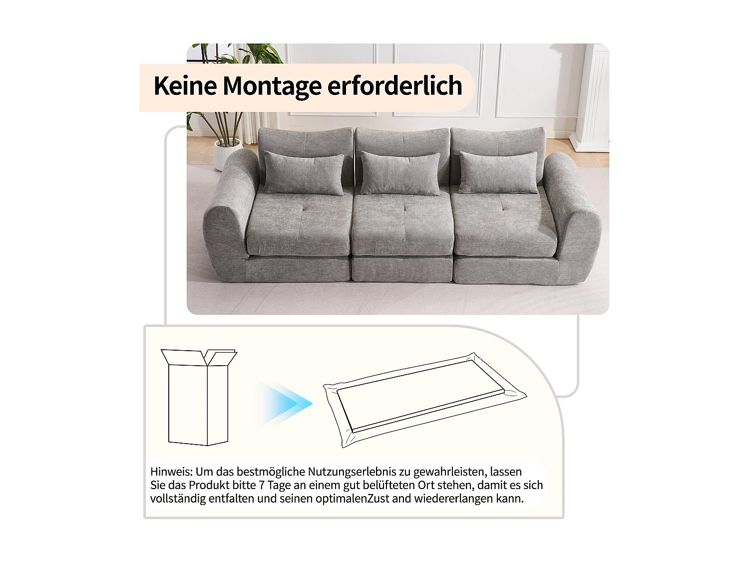 Canapé d’angle modulable 3 places, convertible, chenille, 262x97x78 cm, gris