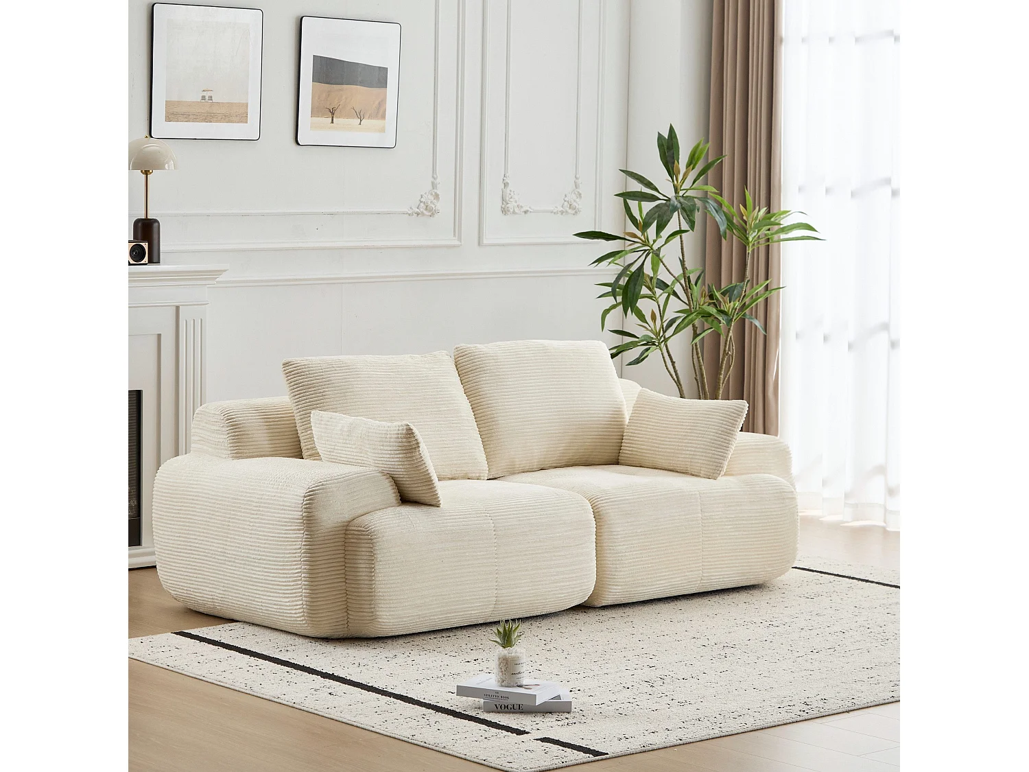 Canapé modulable avec méridienne 2 places - convertible - velours côtelé - 214x104x72 cm - beige