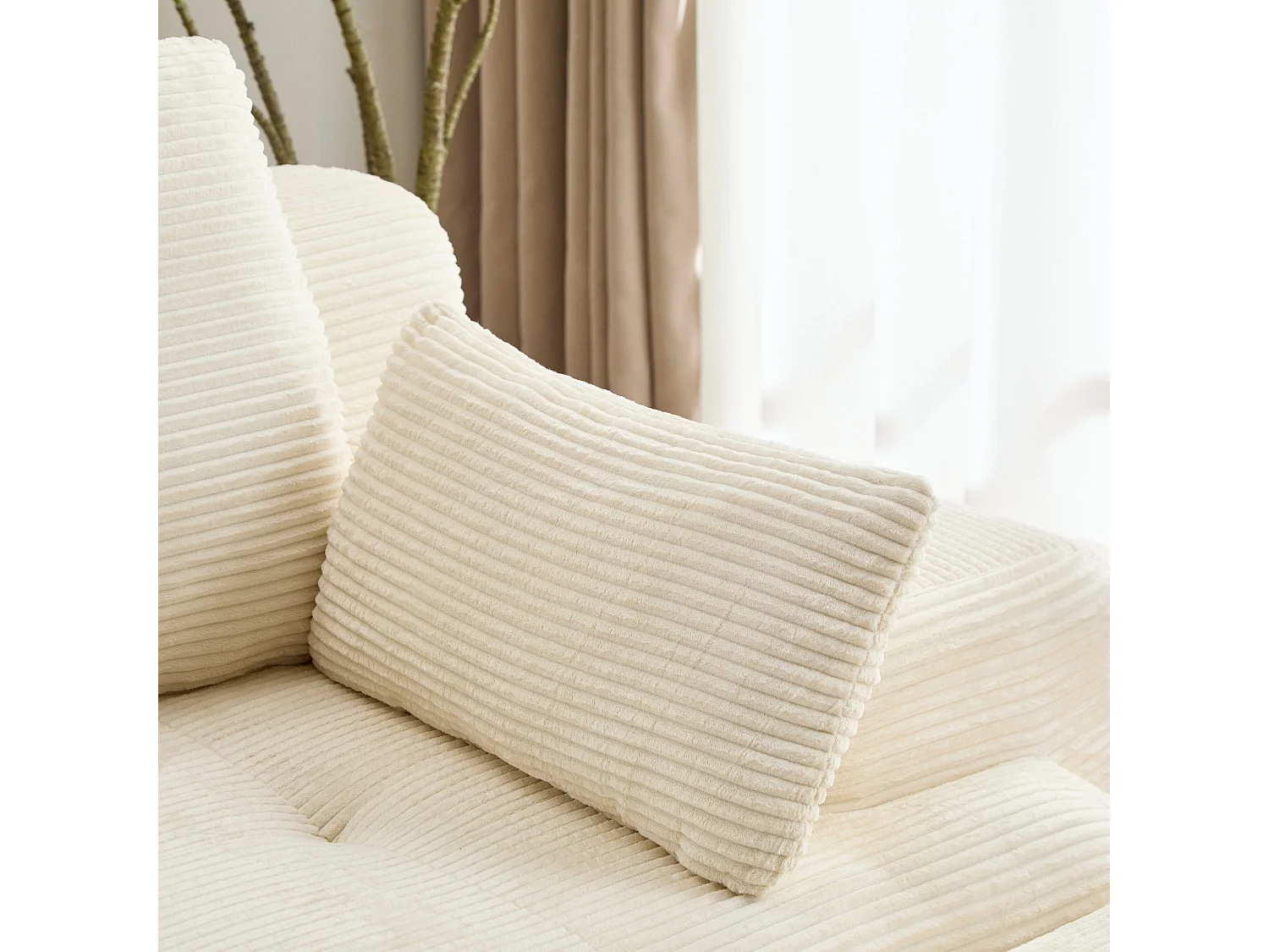 Canapé modulable avec méridienne 2 places - convertible - velours côtelé - 214x104x72 cm - beige