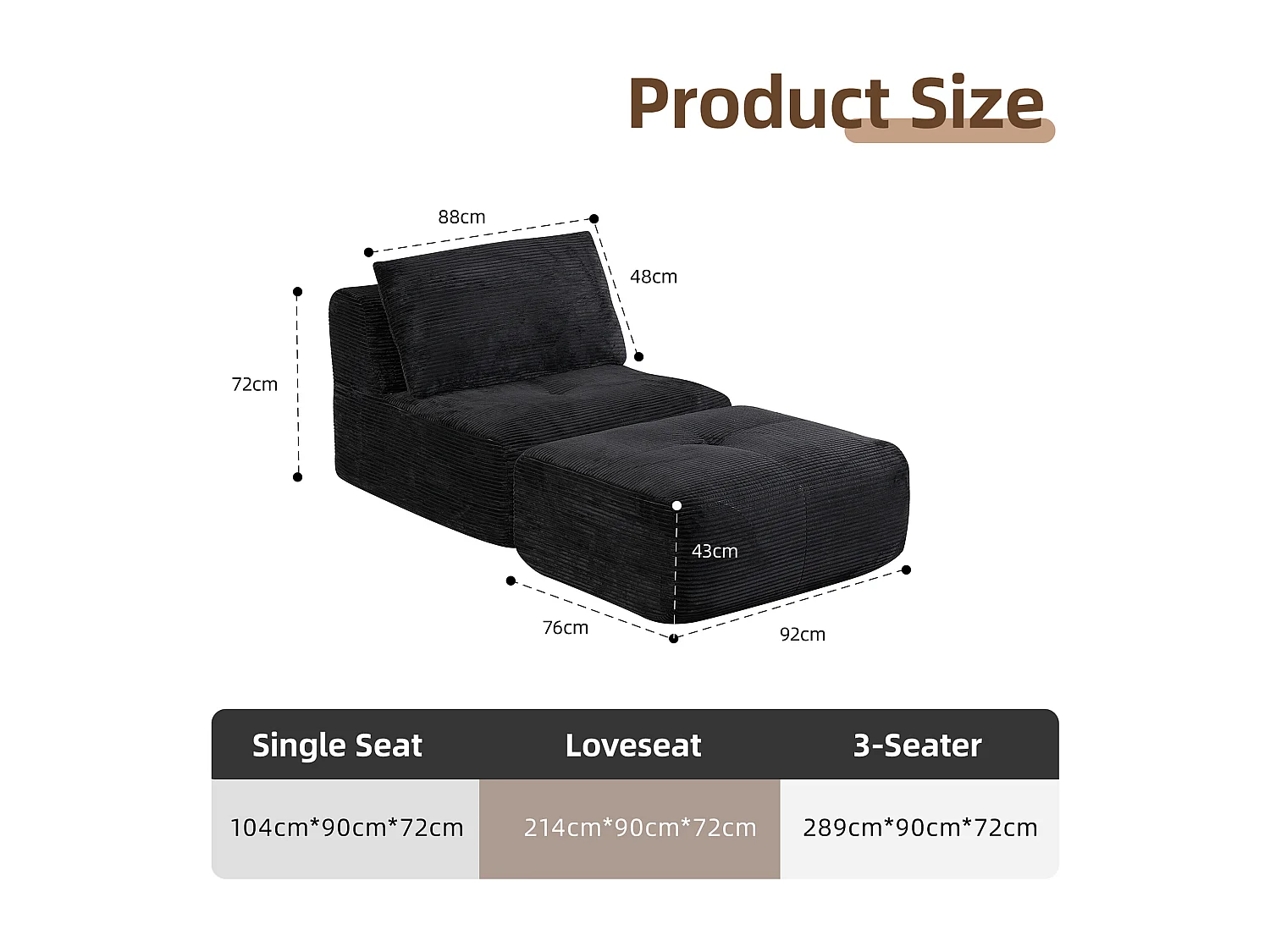 Canapé 1 place - velours côtelé - modulaire - convertible - 92x180x72 cm - noir