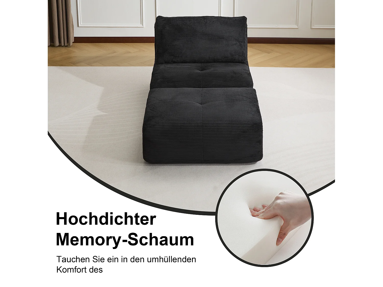 Canapé 1 place - velours côtelé - modulaire - convertible - 92x180x72 cm - noir