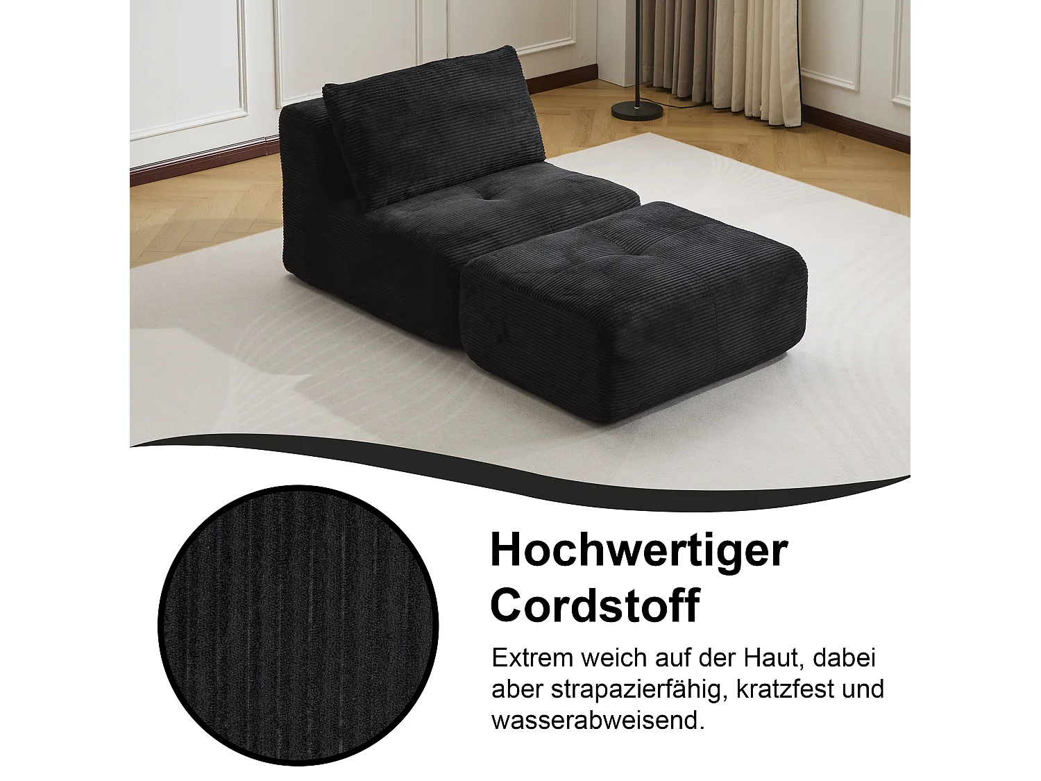 Canapé 1 place - velours côtelé - modulaire - convertible - 92x180x72 cm - noir