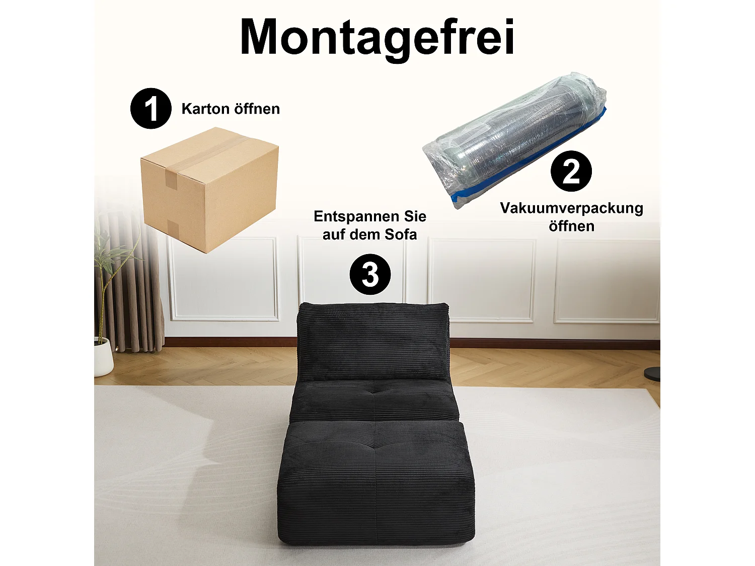 Canapé 1 place - velours côtelé - modulaire - convertible - 92x180x72 cm - noir