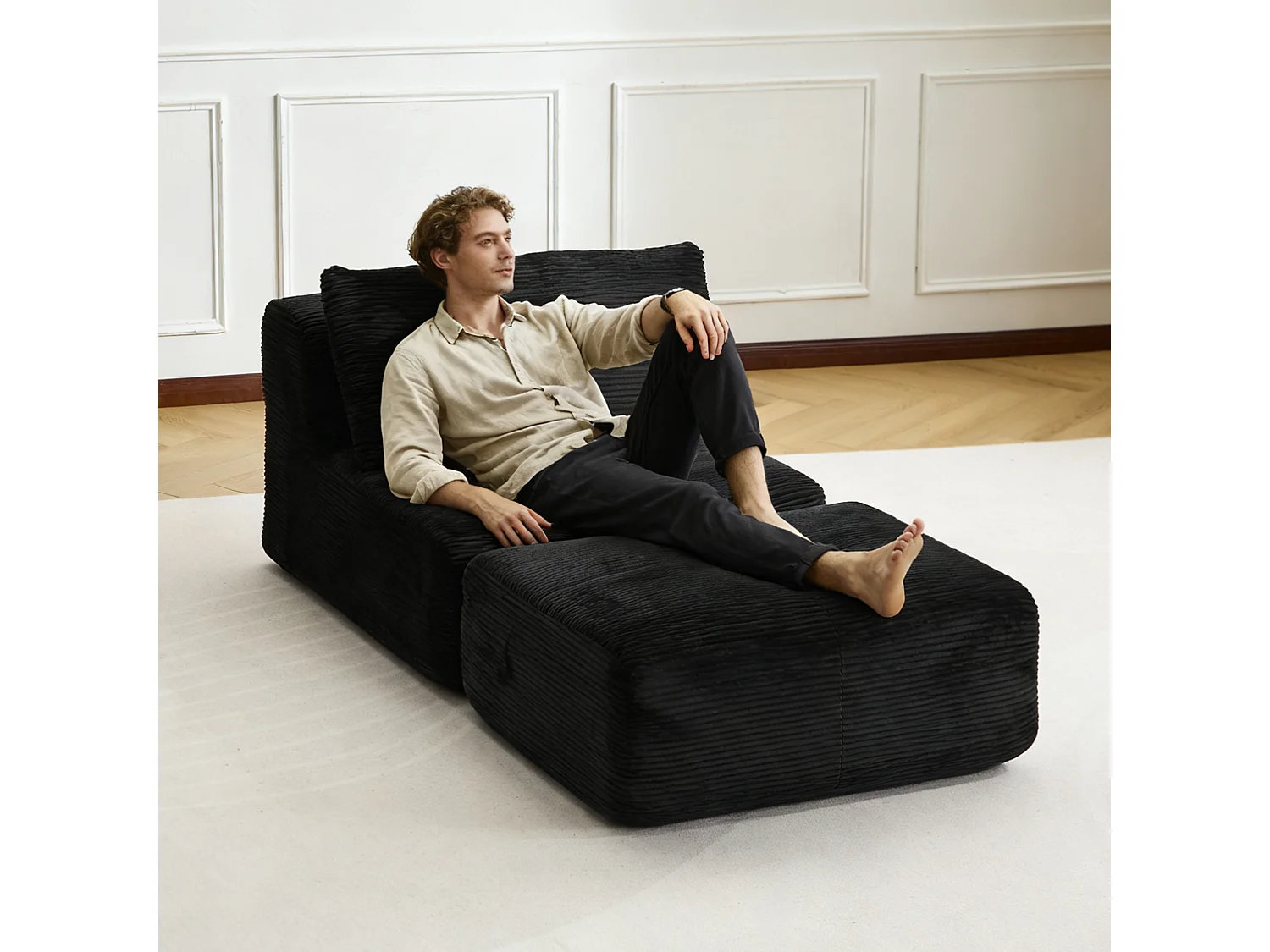 Canapé 1 place - velours côtelé - modulaire - convertible - 92x180x72 cm - noir