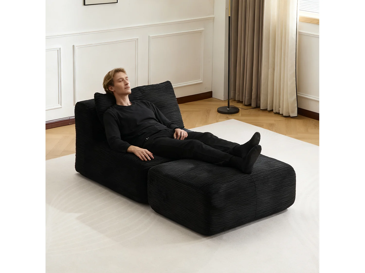 Canapé 1 place - velours côtelé - modulaire - convertible - 92x180x72 cm - noir