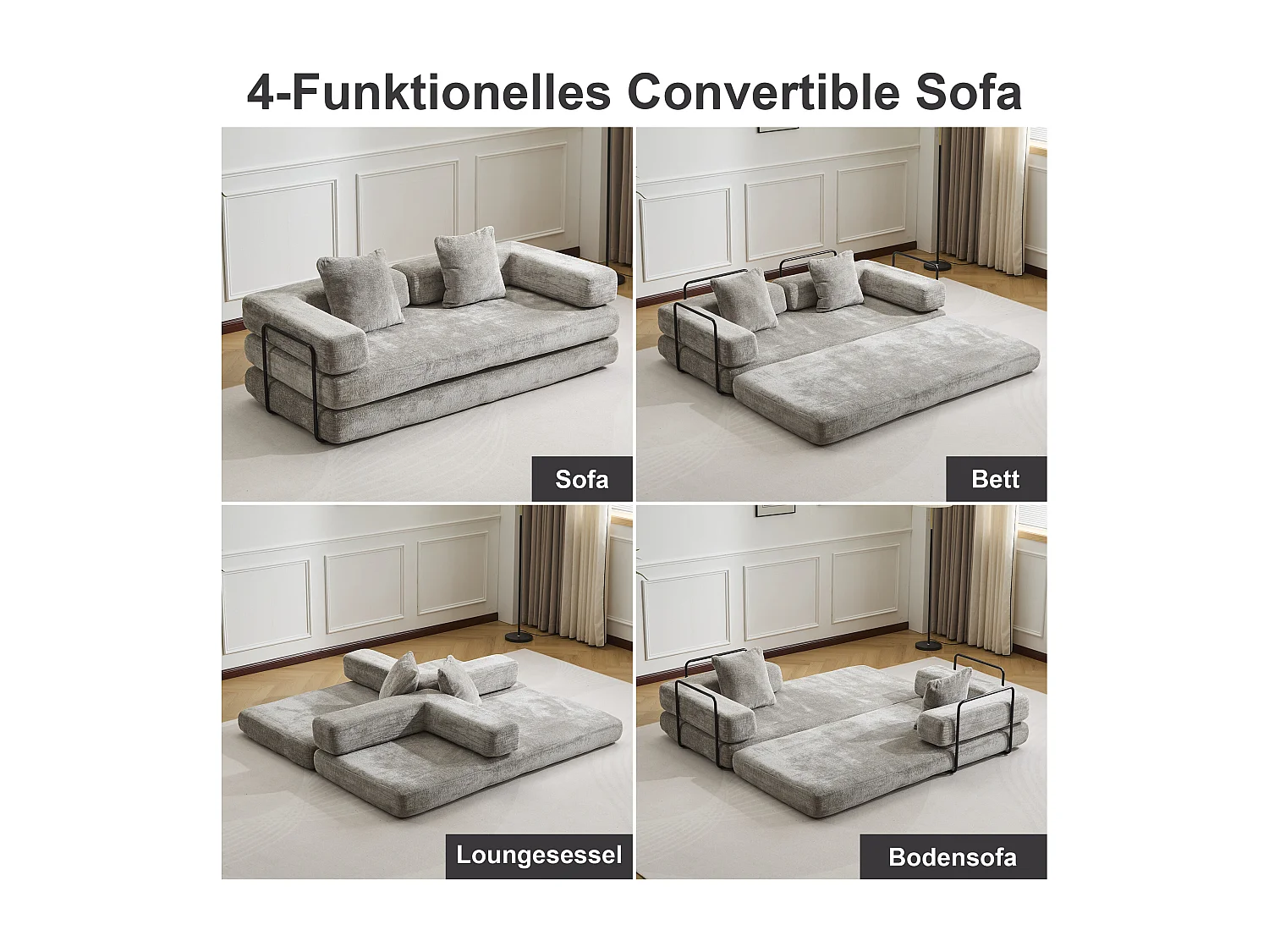 Canapé 2 places - chenille - modulaire - convertible - 195x95x60 cm - gris clair