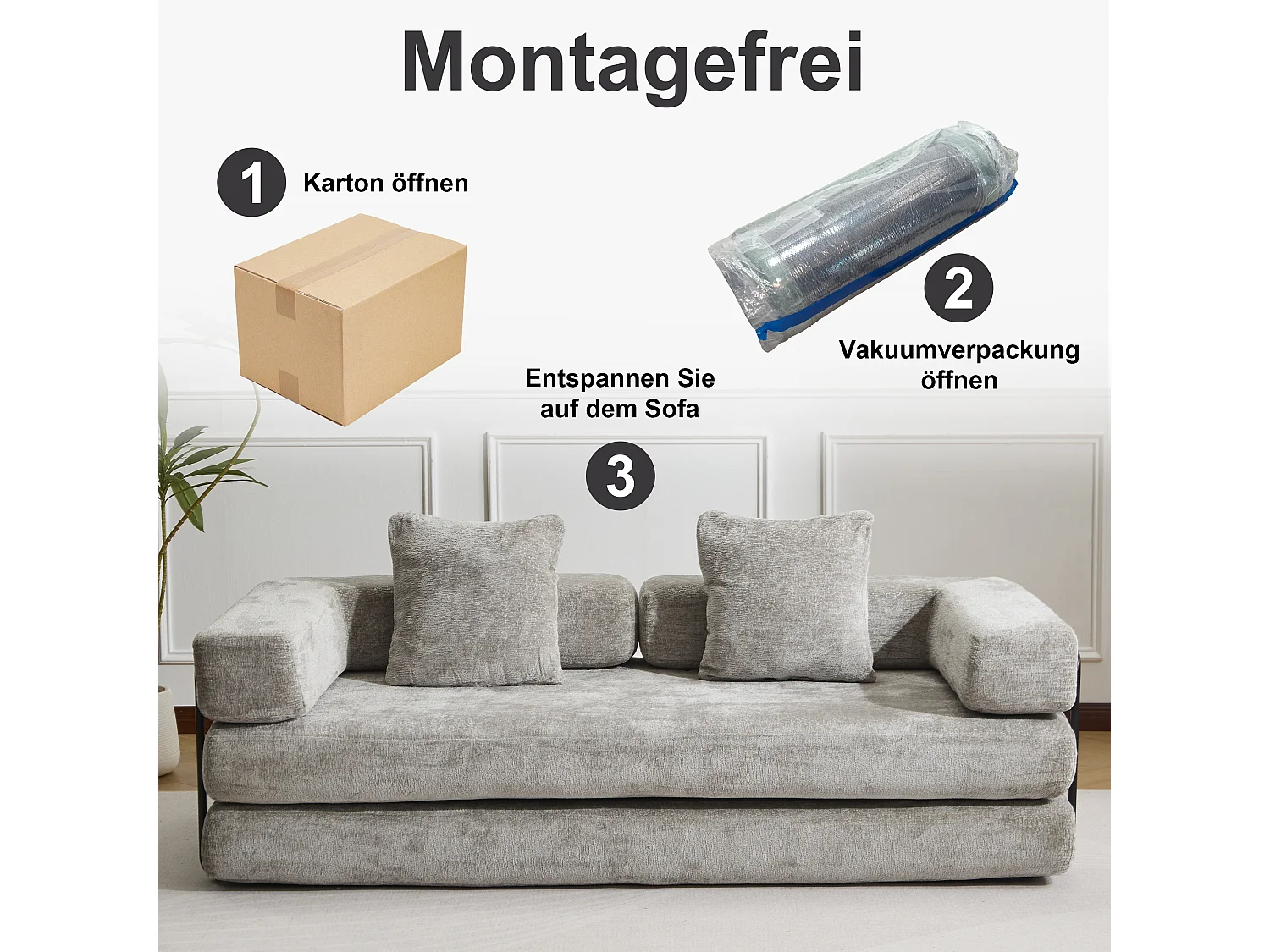 Canapé 2 places - chenille - modulaire - convertible - 195x95x60 cm - gris clair