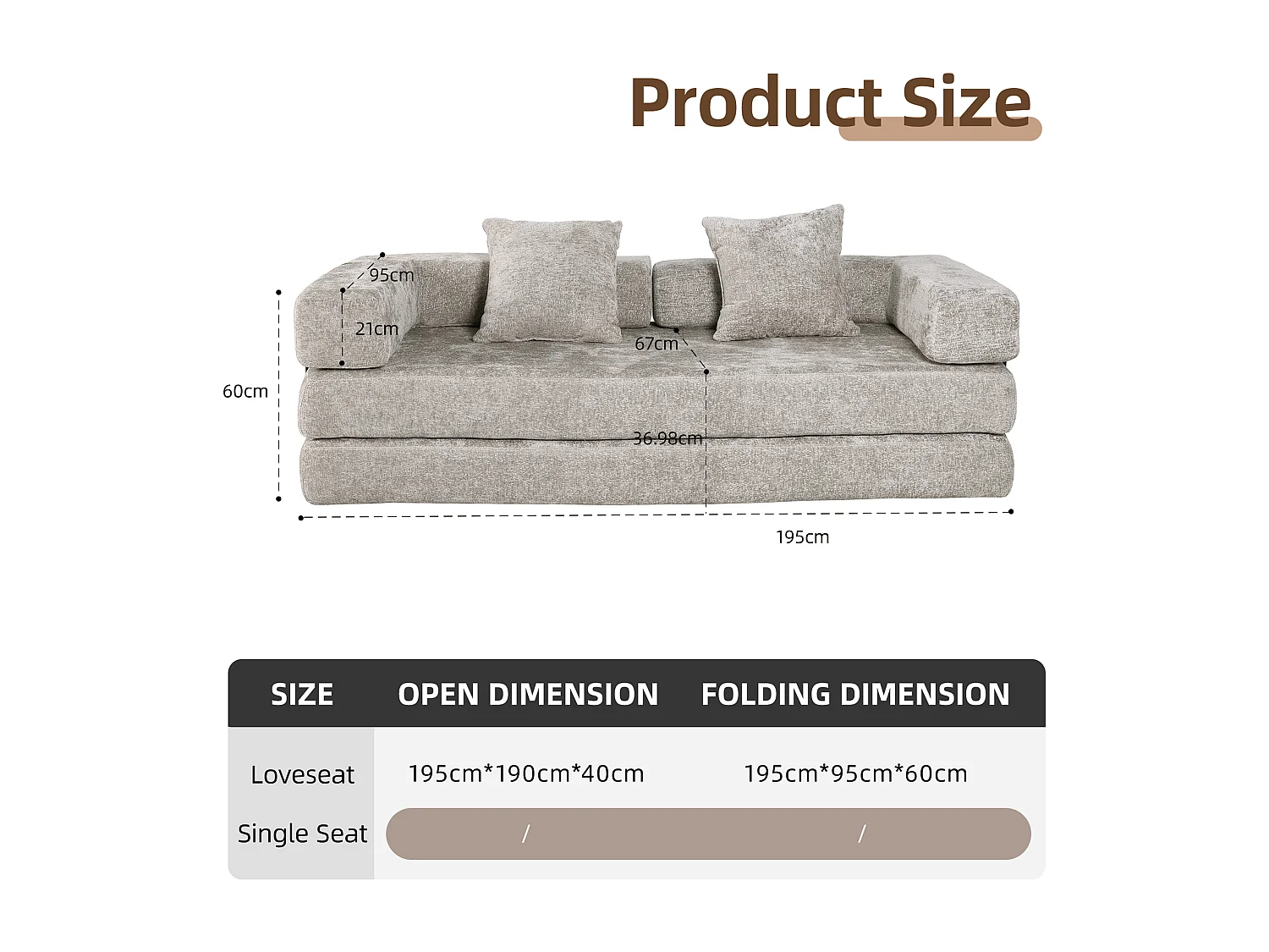Canapé 2 places - chenille - modulaire - convertible - 195x95x60 cm - gris clair