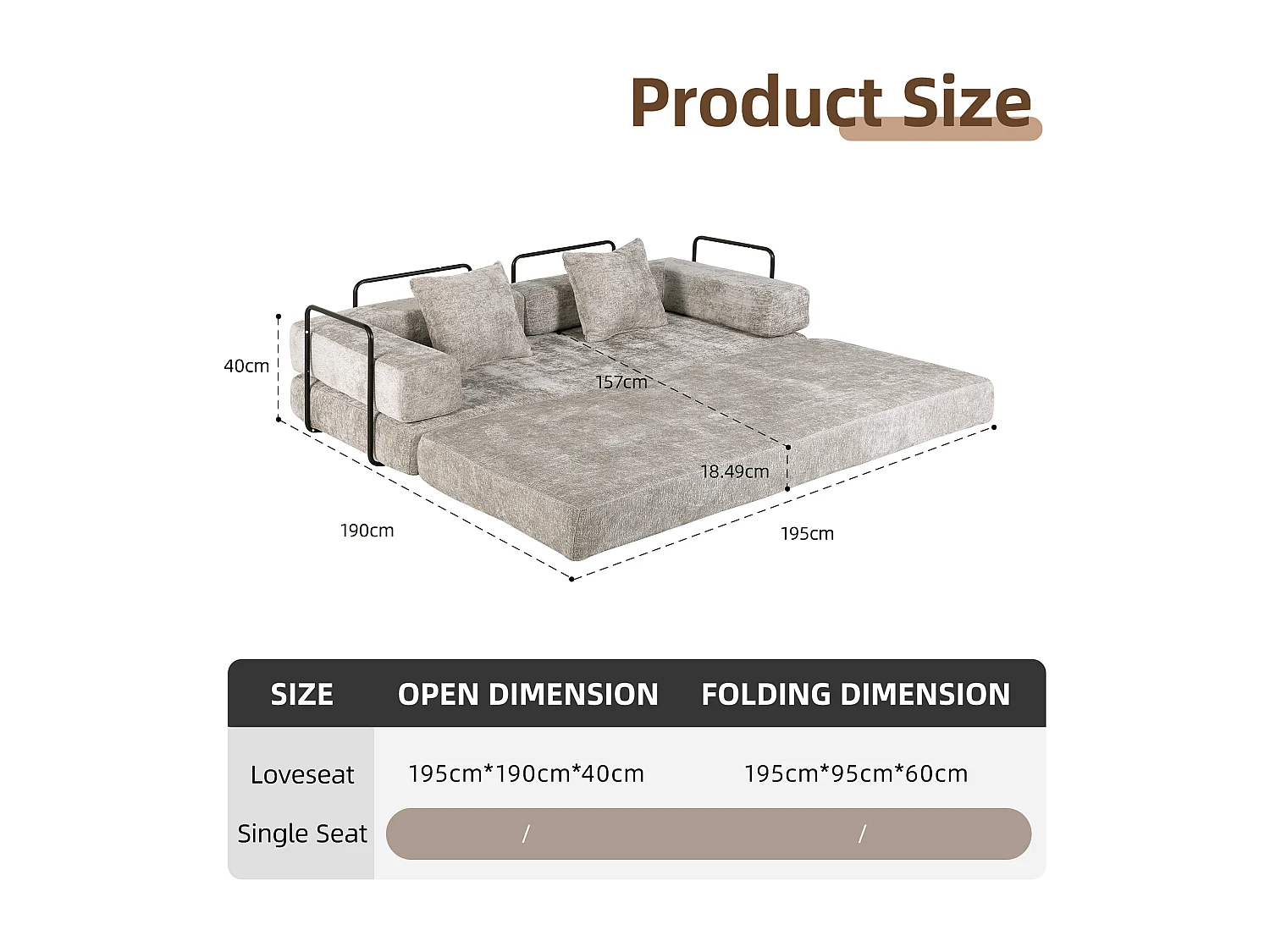 Canapé 2 places - chenille - modulaire - convertible - 195x95x60 cm - gris clair
