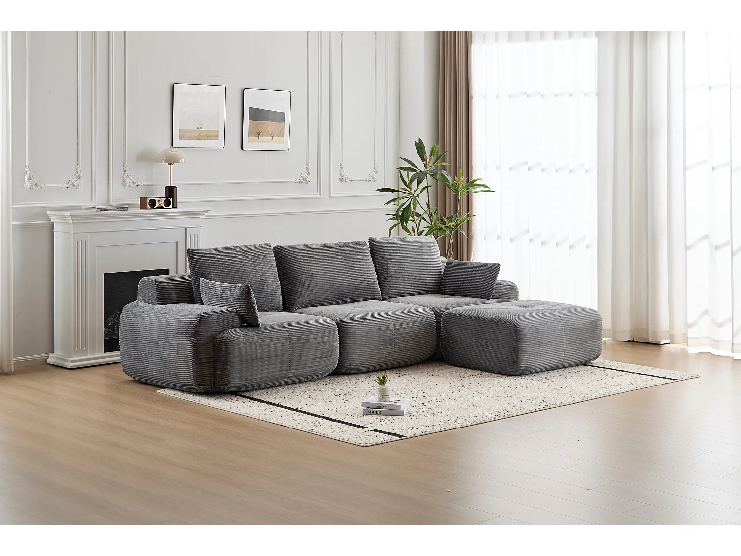 Canapé 3 places - velours côtelé - modulaire - convertible - 304x180x72 cm - gris