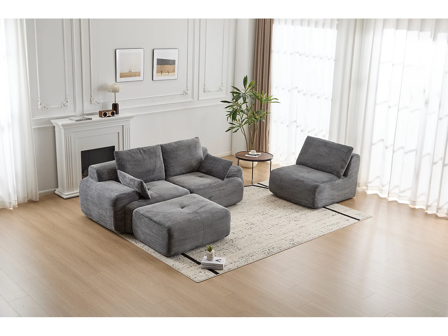Canapé 3 places - velours côtelé - modulaire - convertible - 304x180x72 cm - gris