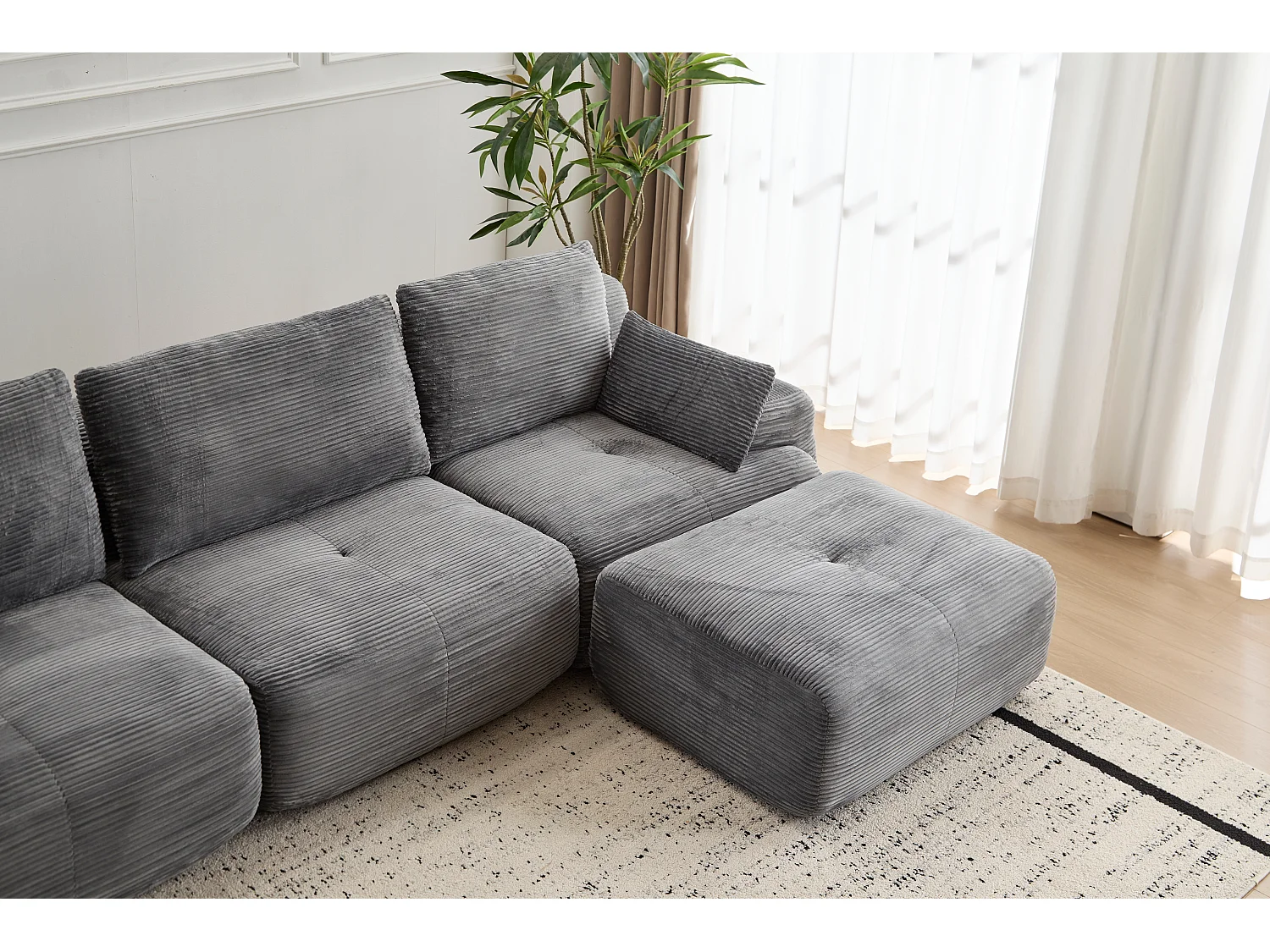 Canapé 3 places - velours côtelé - modulaire - convertible - 304x180x72 cm - gris
