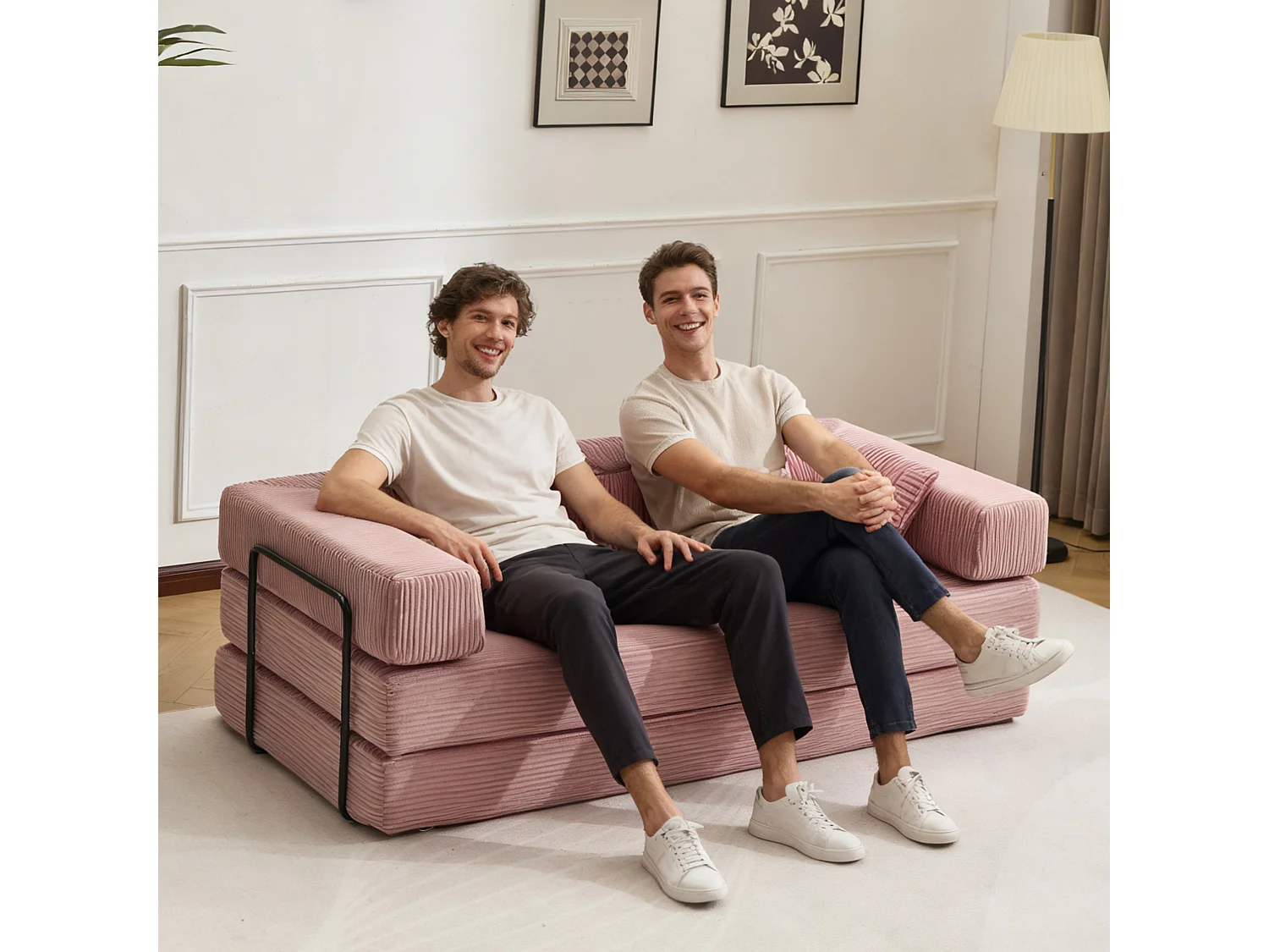 Canapé 2 places - velours côtelé - convertible - modulable - 195x95x60 cm - rose