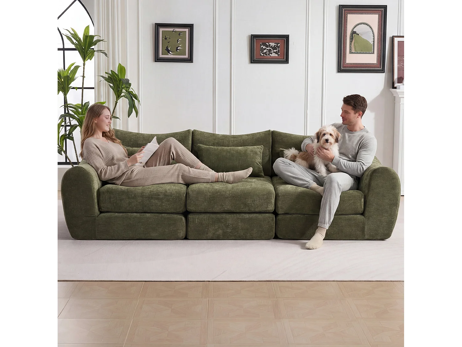 Canapé d’angle modulable 3 places, convertible, chenille, 262x97x78 cm, vert