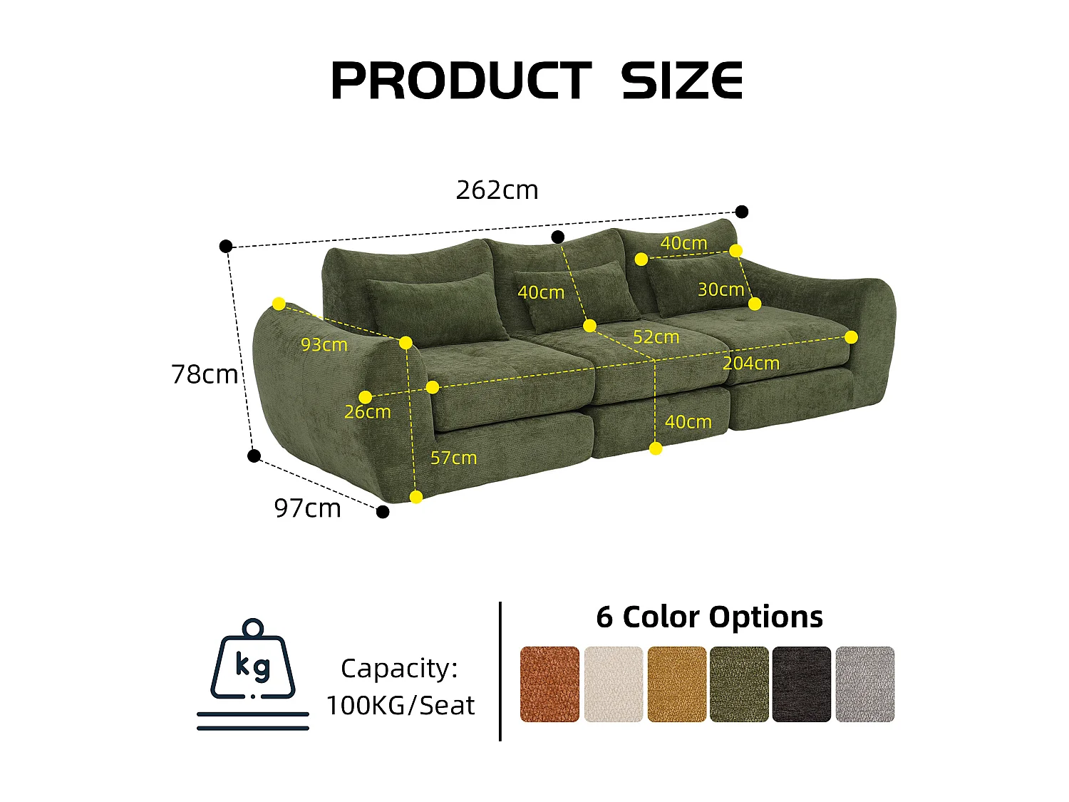 Canapé d’angle modulable 3 places, convertible, chenille, 262x97x78 cm, vert