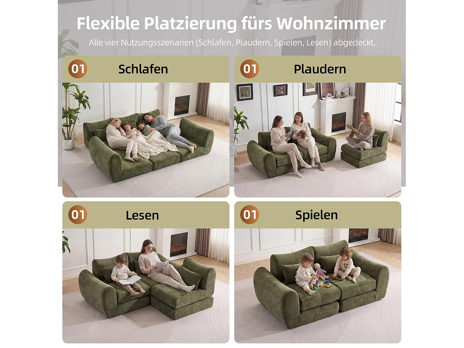Canapé d’angle modulable 3 places, convertible, chenille, 262x97x78 cm, vert