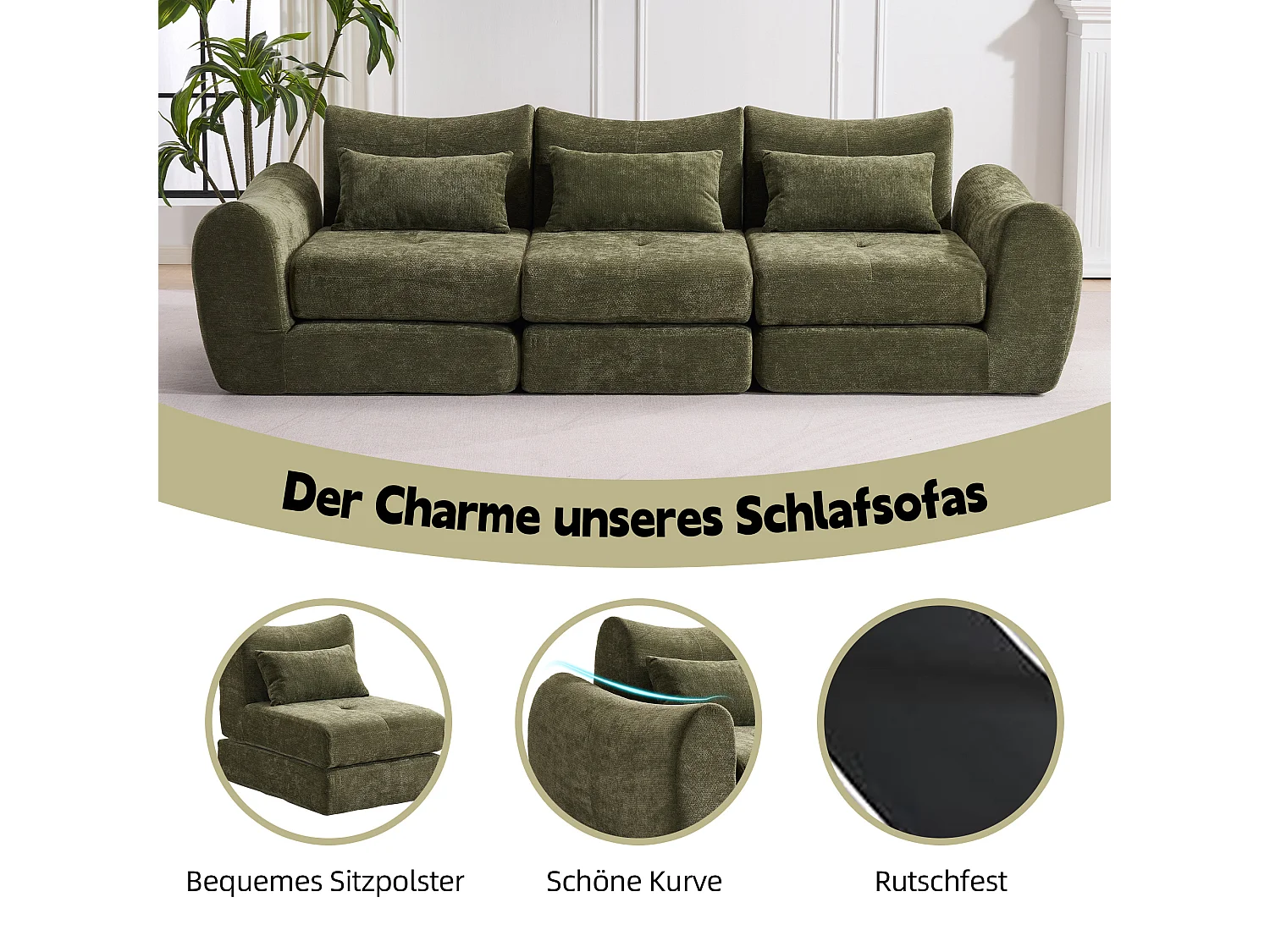 Canapé d’angle modulable 3 places, convertible, chenille, 262x97x78 cm, vert
