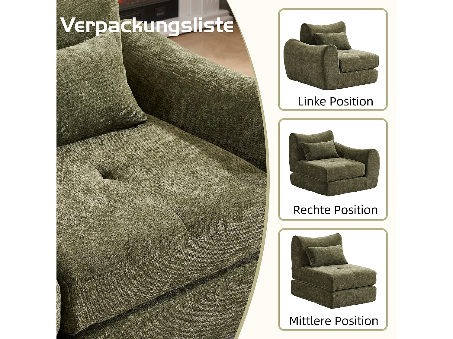 Canapé d’angle modulable 3 places, convertible, chenille, 262x97x78 cm, vert