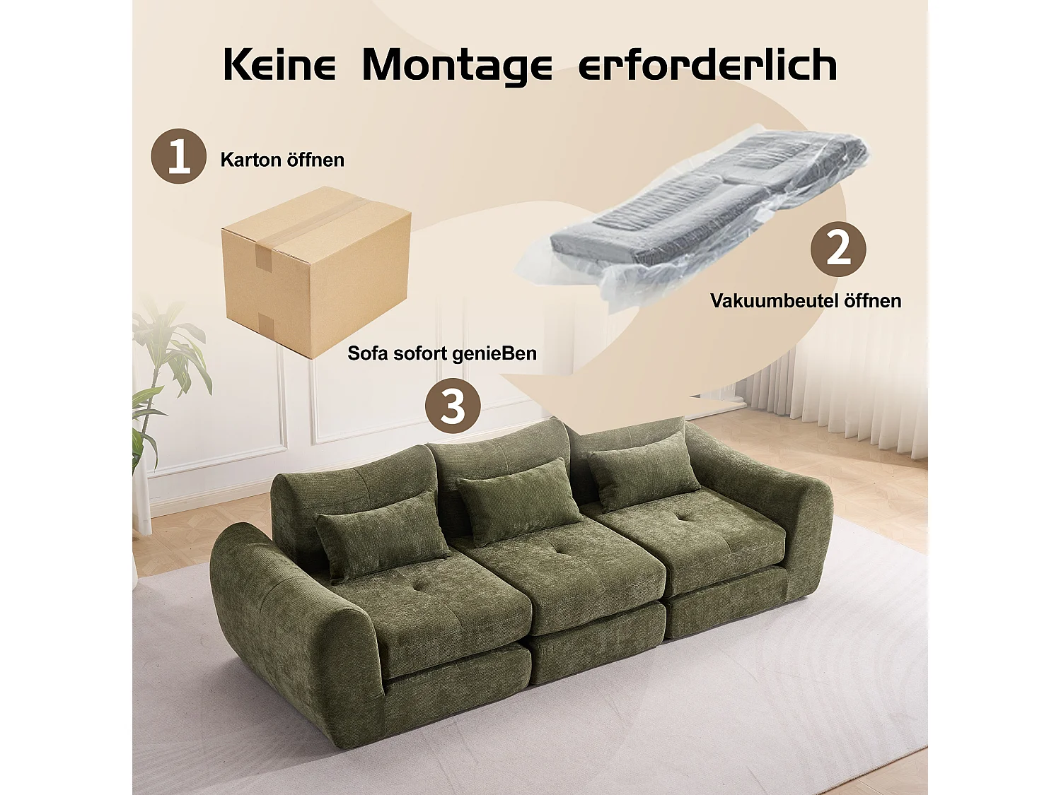 Canapé d’angle modulable 3 places, convertible, chenille, 262x97x78 cm, vert