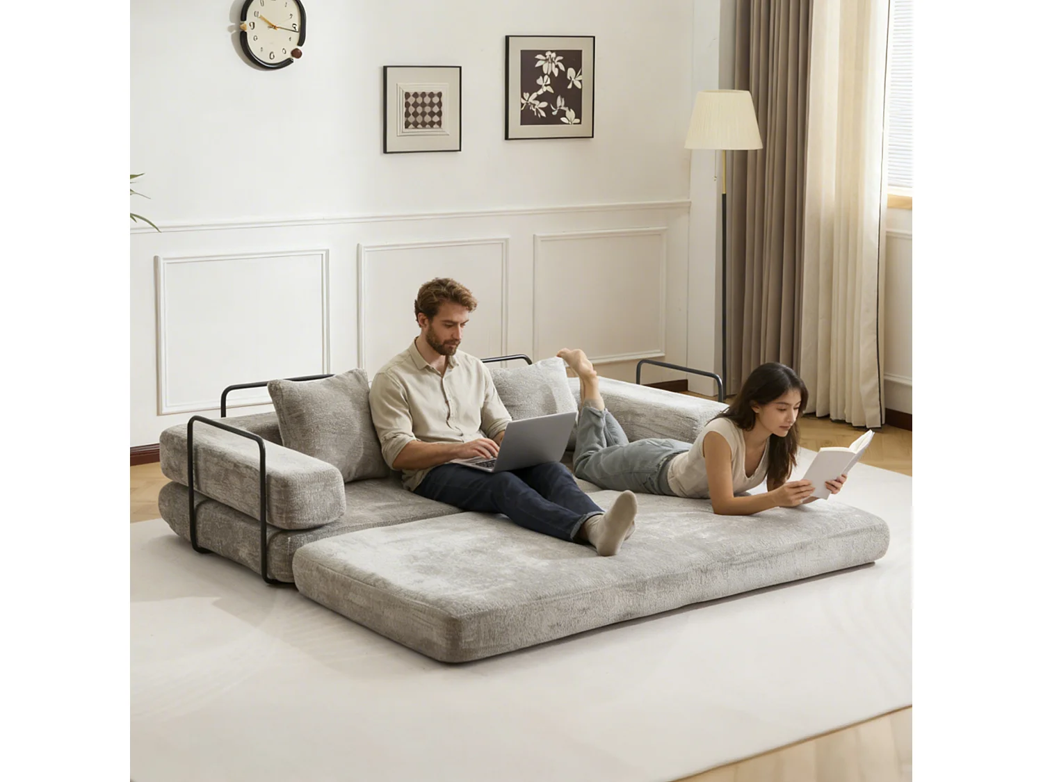 Canapé 2 places - chenille - modulaire - convertible - 195x95x60 cm - gris clair