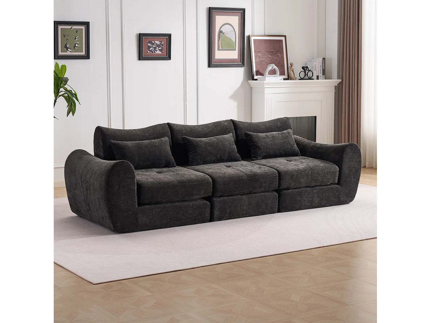 Canapé d’angle modulable 3 places, convertible, chenille, 262x97x78 cm, noir
