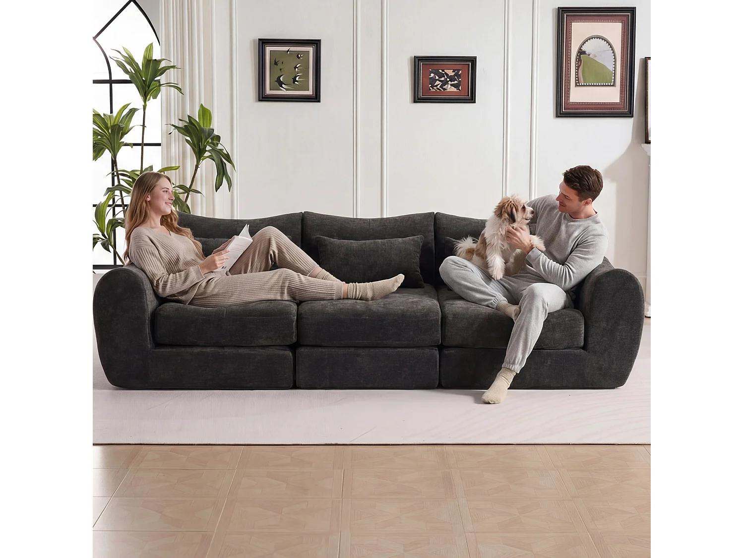 Canapé d’angle modulable 3 places, convertible, chenille, 262x97x78 cm, noir