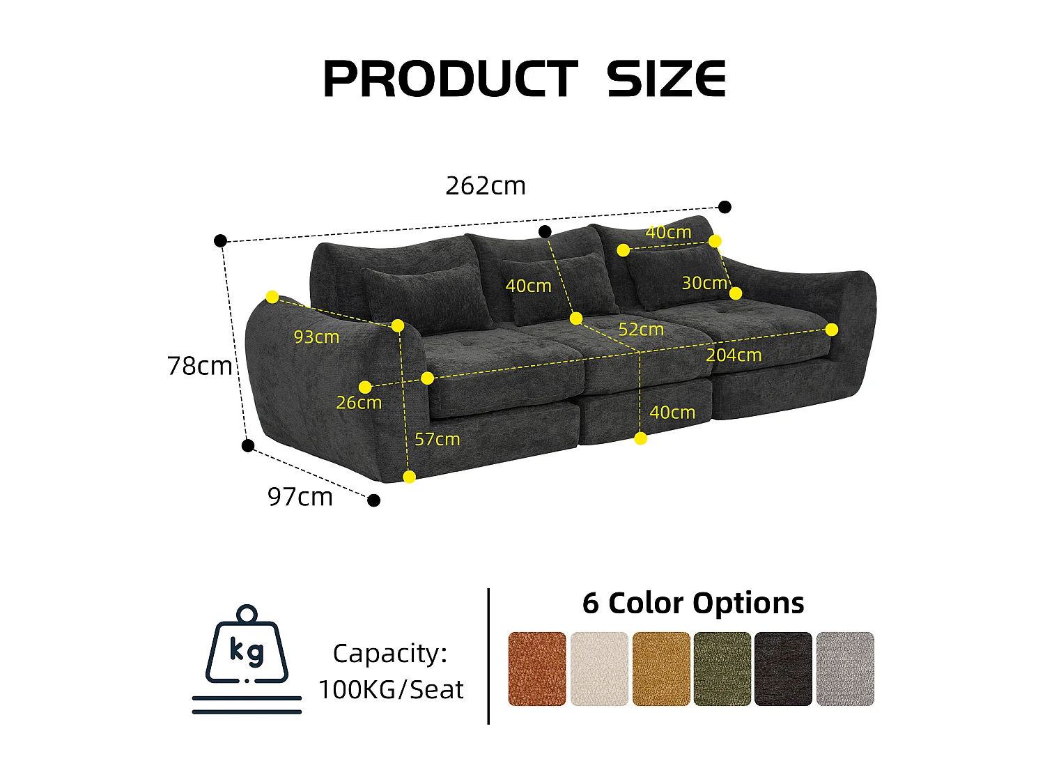 Canapé d’angle modulable 3 places, convertible, chenille, 262x97x78 cm, noir