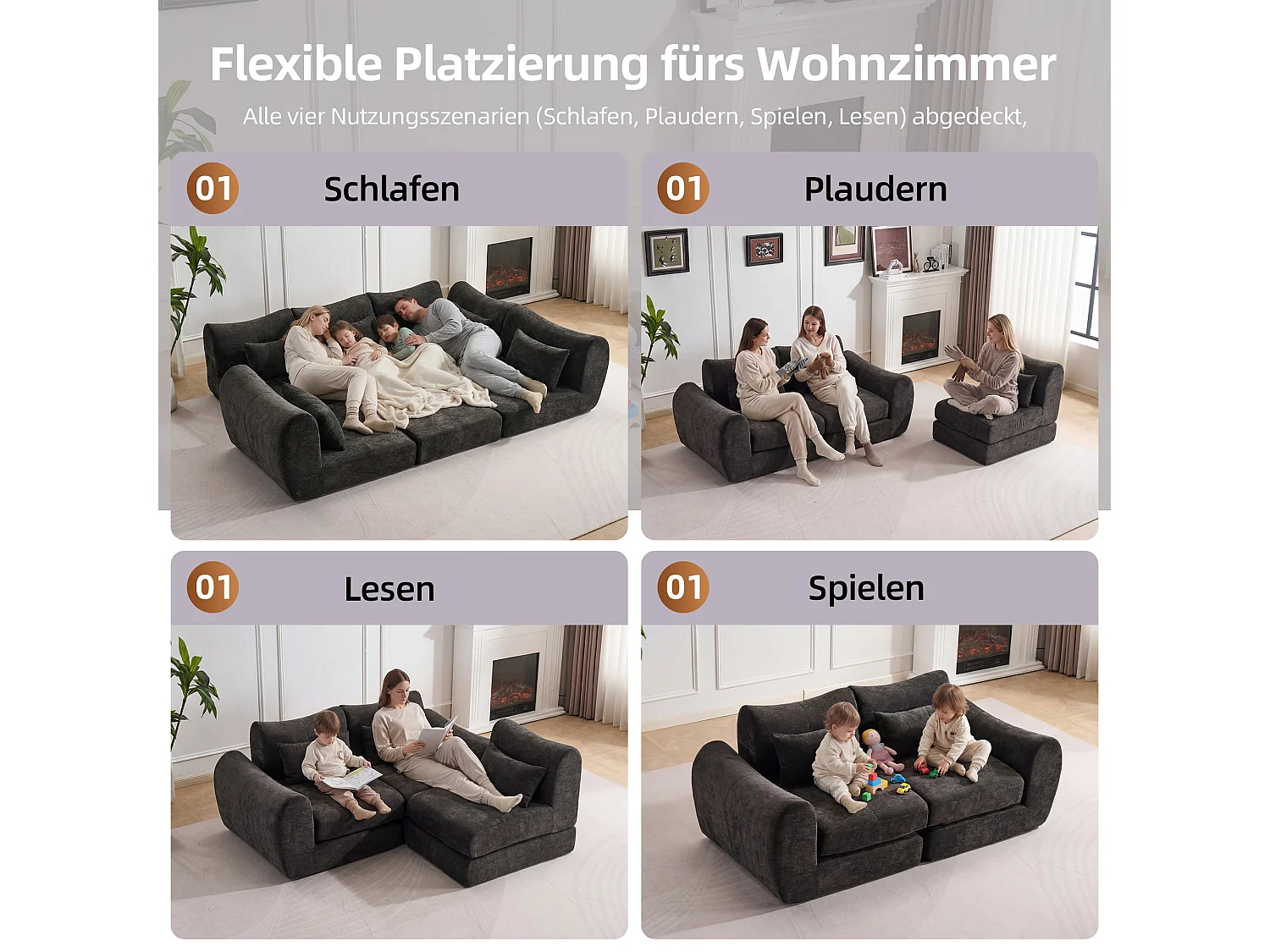 Canapé d’angle modulable 3 places, convertible, chenille, 262x97x78 cm, noir