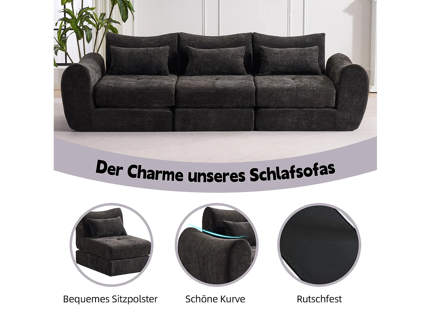 Canapé d’angle modulable 3 places, convertible, chenille, 262x97x78 cm, noir