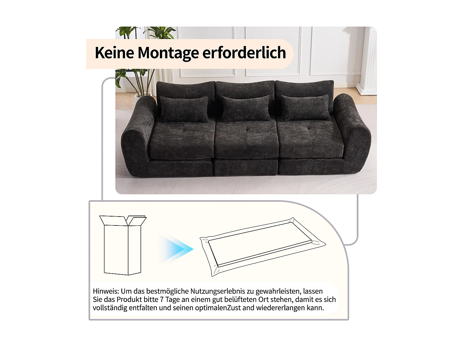Canapé d’angle modulable 3 places, convertible, chenille, 262x97x78 cm, noir