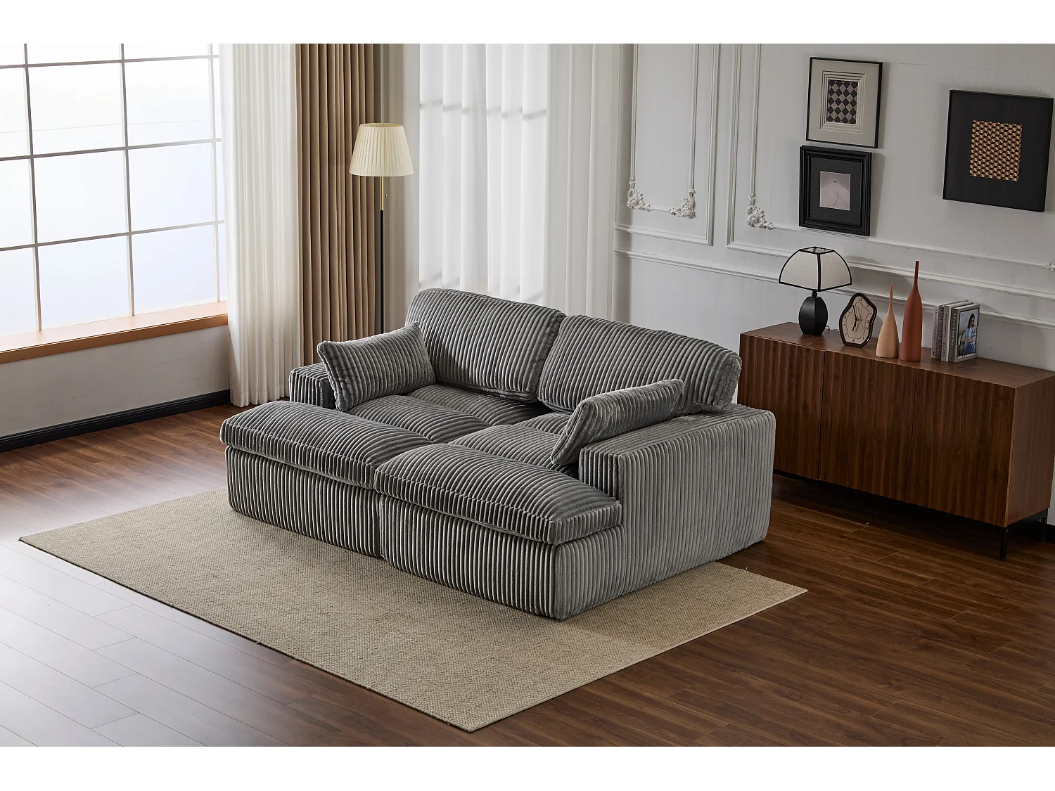 Canapé 2 places - velours côtelé - modulaire - convertible - 214x145x89 cm - gris