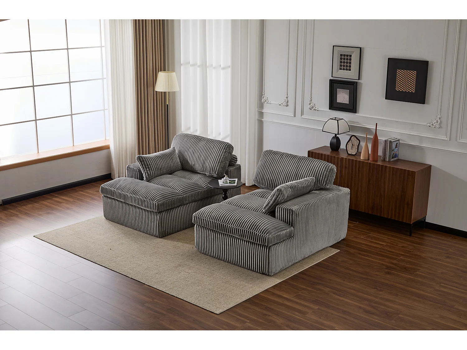 Canapé 2 places - velours côtelé - modulaire - convertible - 214x145x89 cm - gris