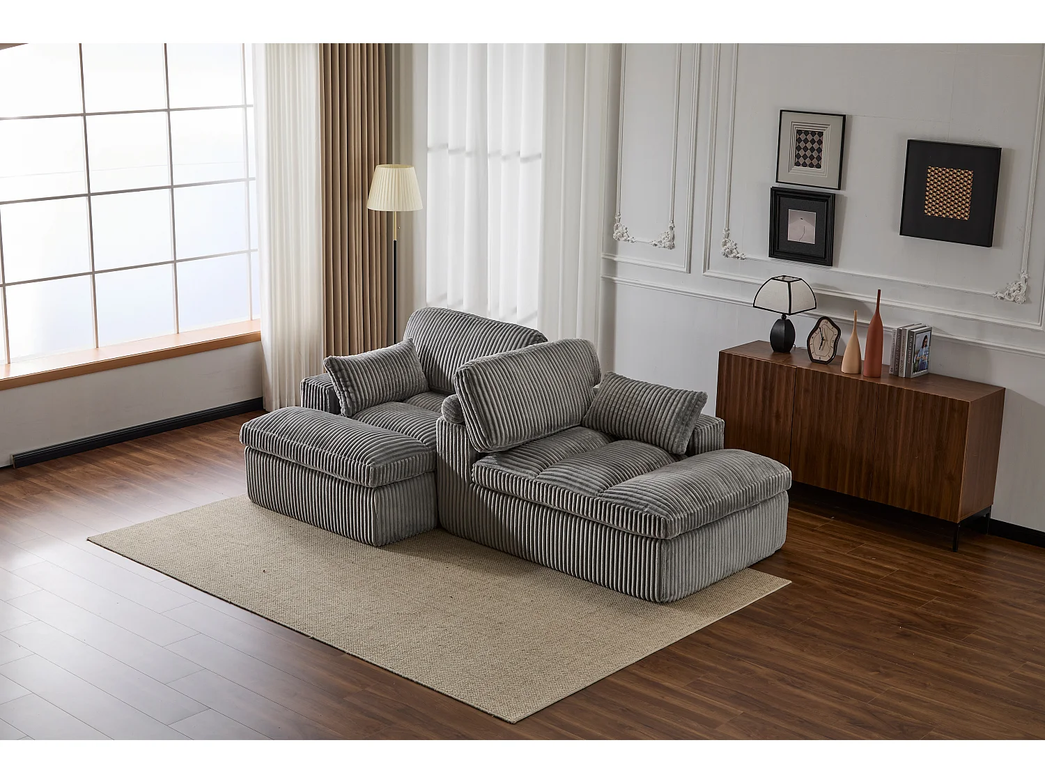 Canapé 2 places - velours côtelé - modulaire - convertible - 214x145x89 cm - gris