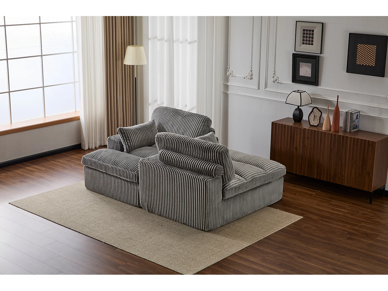Canapé 2 places - velours côtelé - modulaire - convertible - 214x145x89 cm - gris