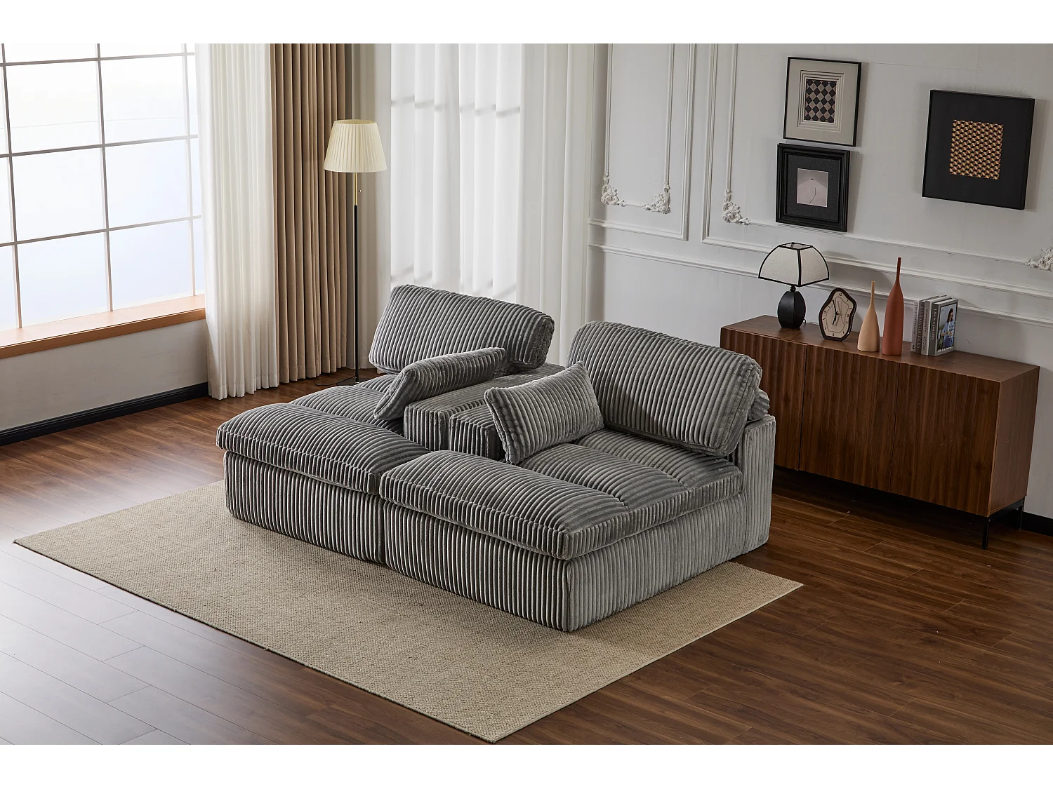 Canapé 2 places - velours côtelé - modulaire - convertible - 214x145x89 cm - gris