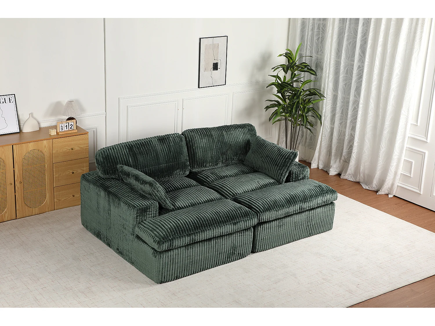 Canapé 2 places - velours côtelé - modulaire - convertible - 214x145x89 cm - vert