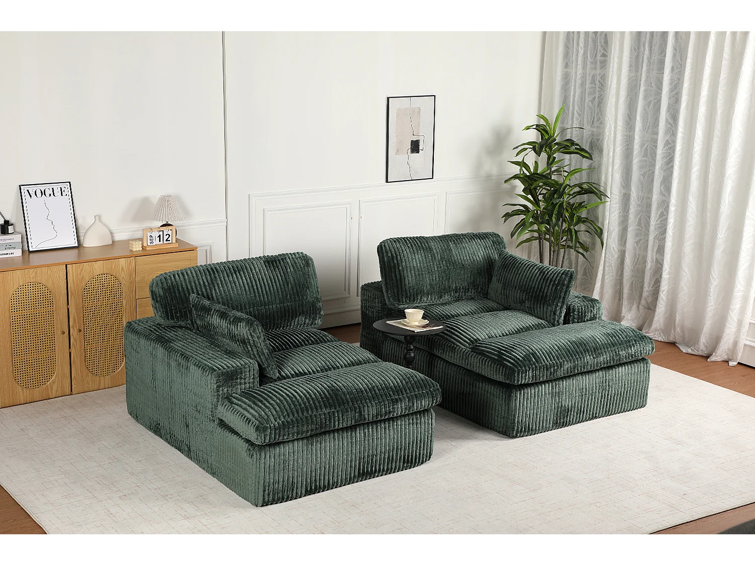 Canapé 2 places - velours côtelé - modulaire - convertible - 214x145x89 cm - vert