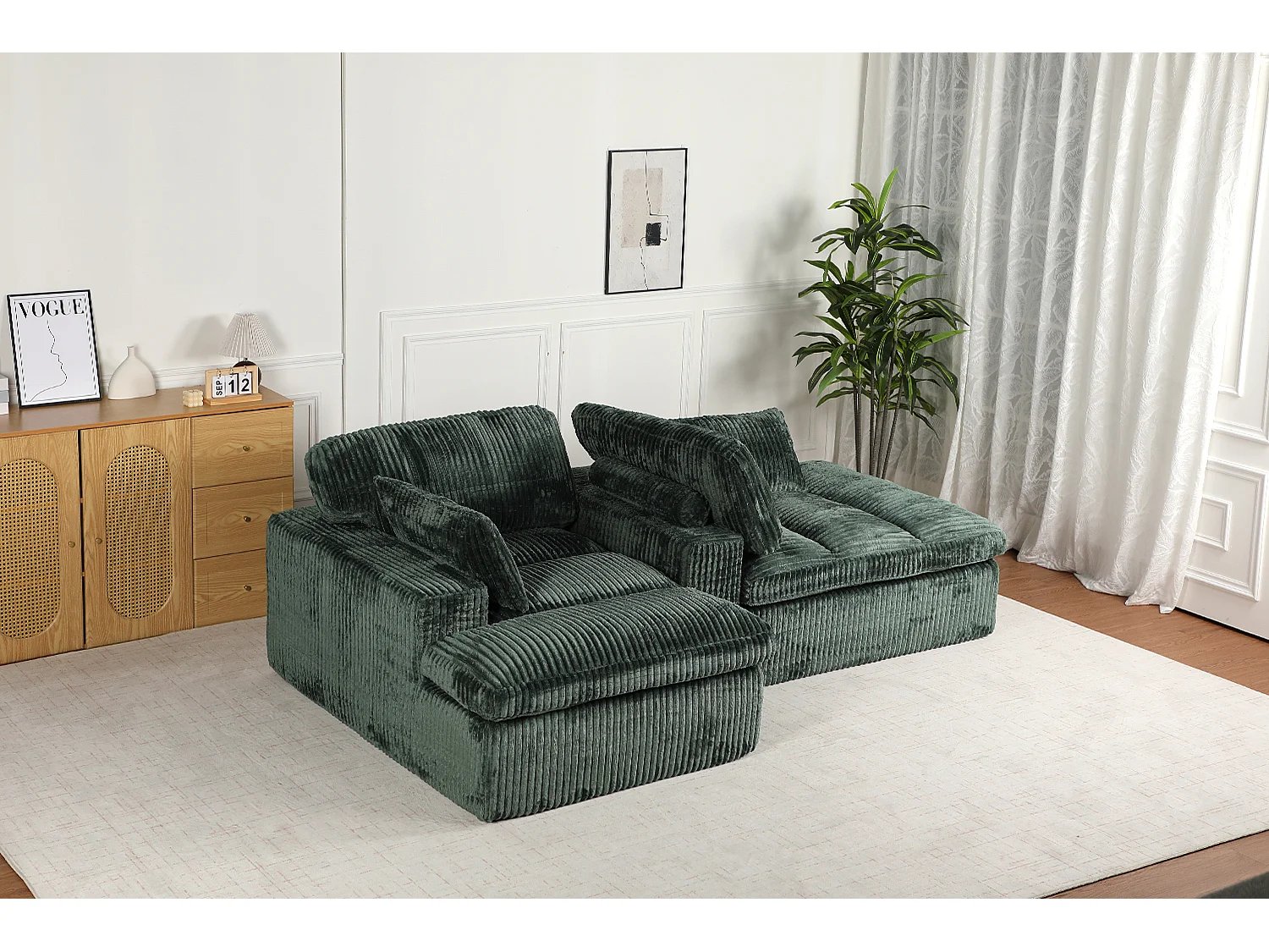 Canapé 2 places - velours côtelé - modulaire - convertible - 214x145x89 cm - vert