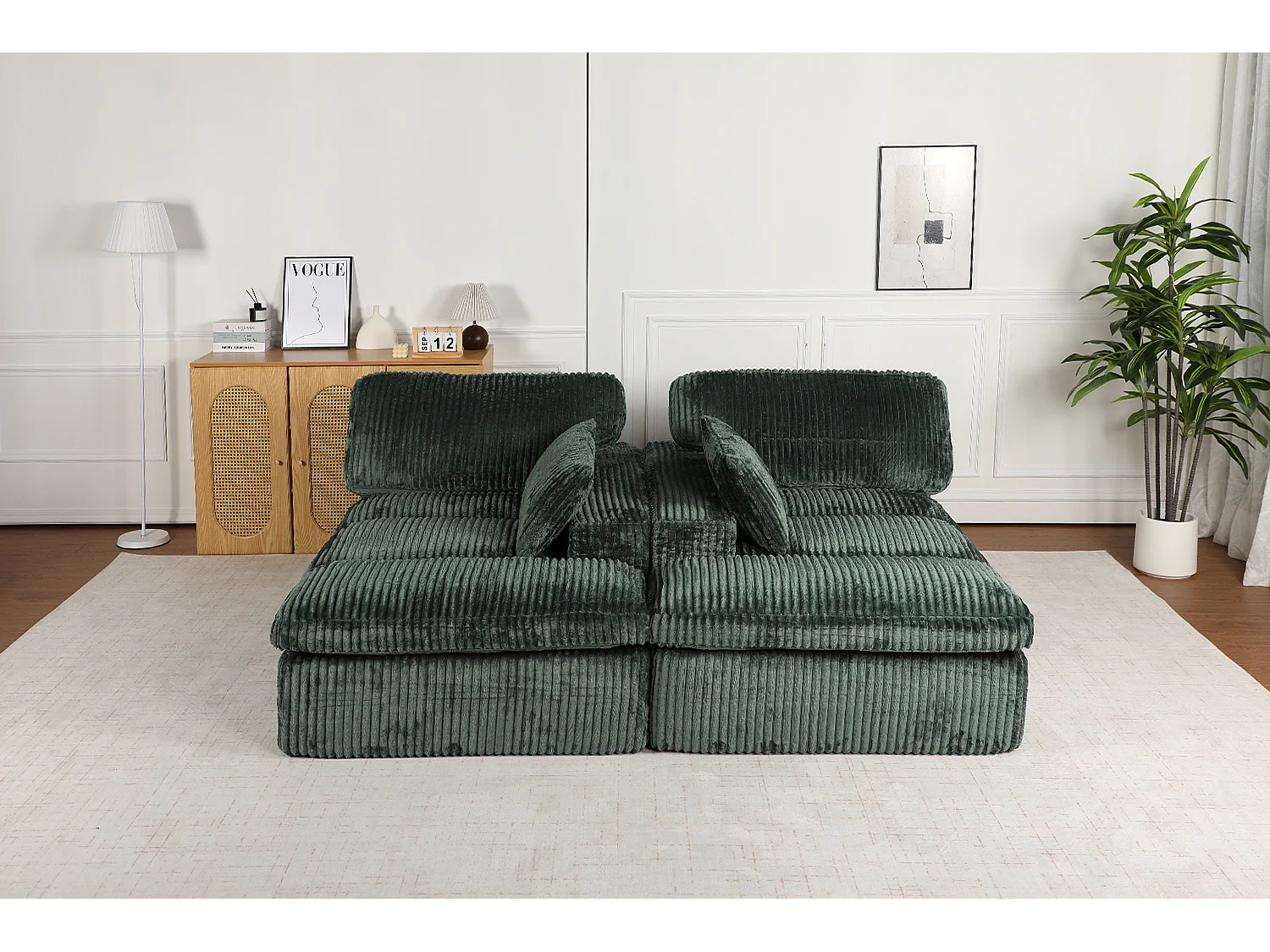 Canapé 2 places - velours côtelé - modulaire - convertible - 214x145x89 cm - vert