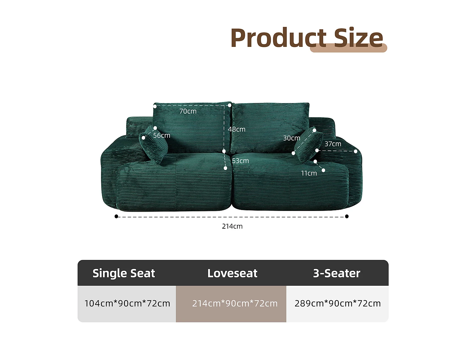 Canapé 2 places - velours côtelé - modulaire - convertible - 214x180x72 cm - vert