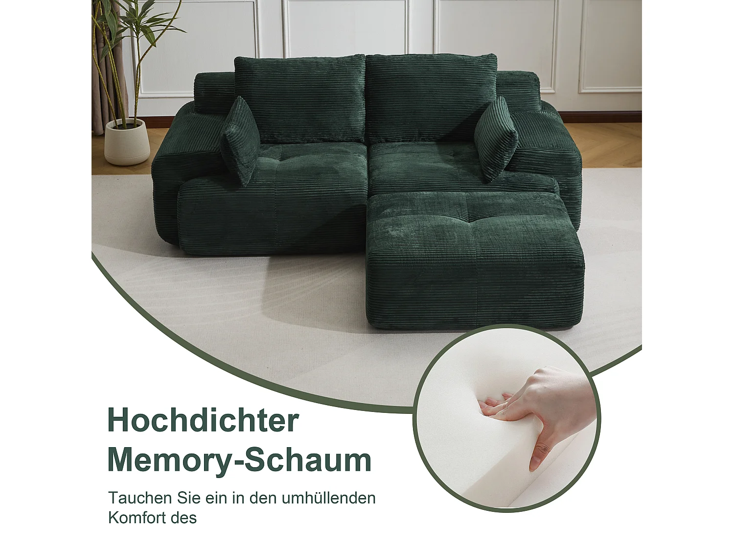 Canapé 2 places - velours côtelé - modulaire - convertible - 214x180x72 cm - vert