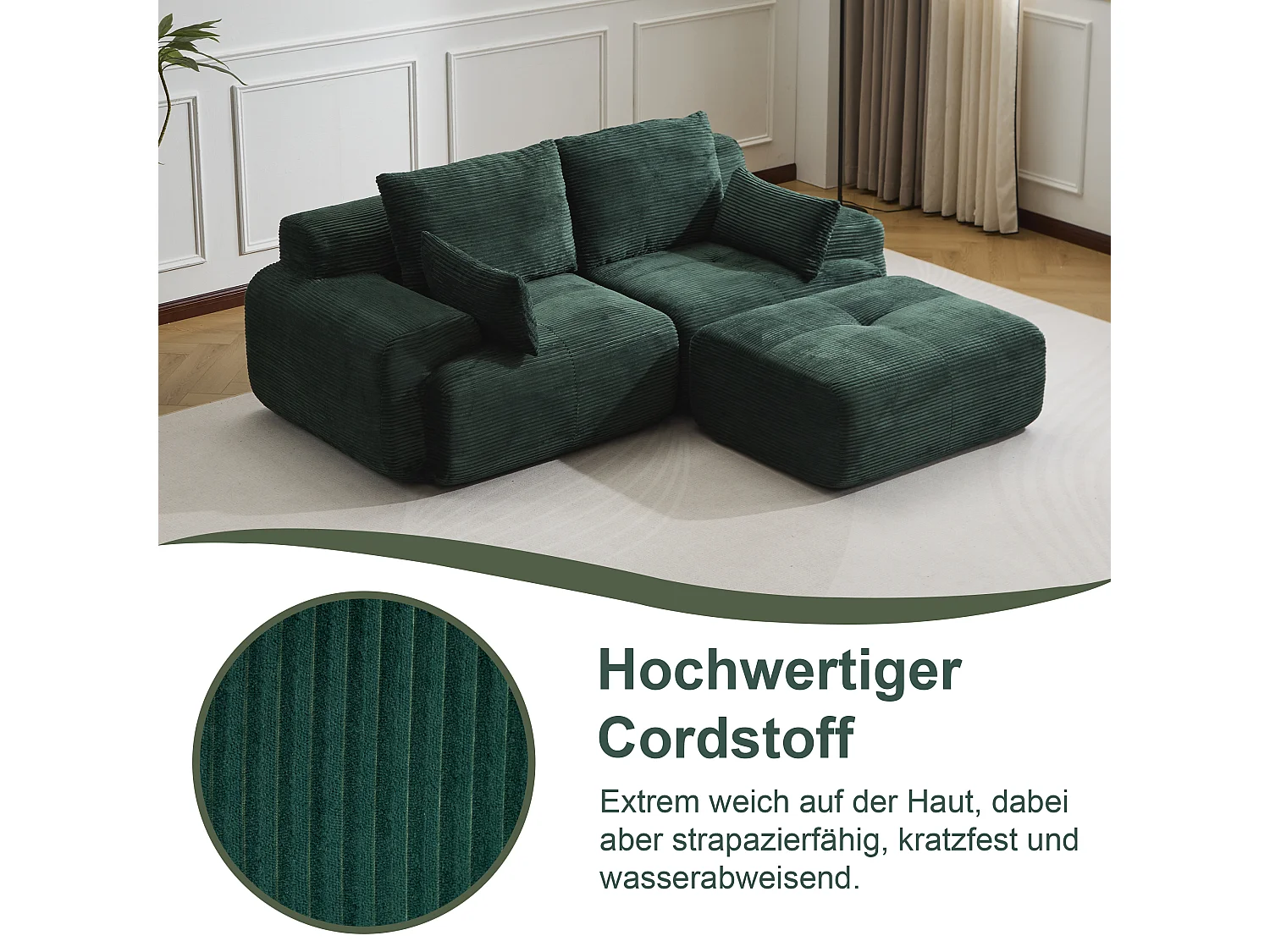 Canapé 2 places - velours côtelé - modulaire - convertible - 214x180x72 cm - vert