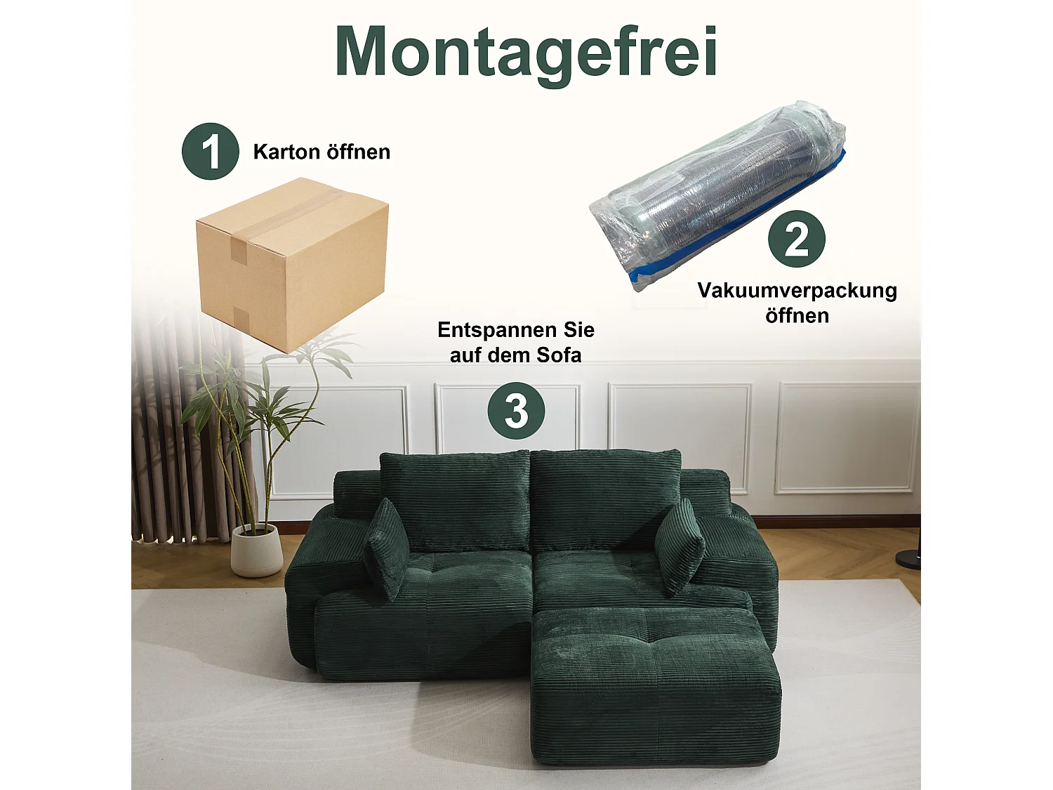 Canapé 2 places - velours côtelé - modulaire - convertible - 214x180x72 cm - vert