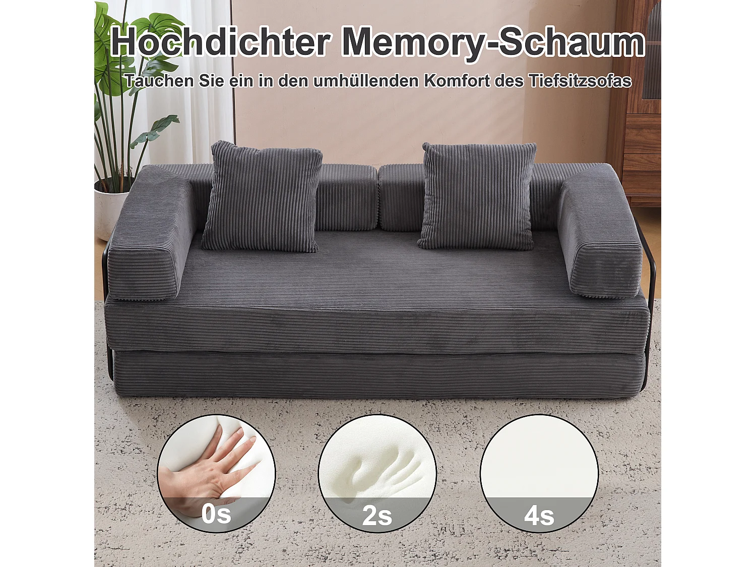 Canapé 2 places - velours côtelé - convertible - modulable - 195x95x60 cm - gris foncé