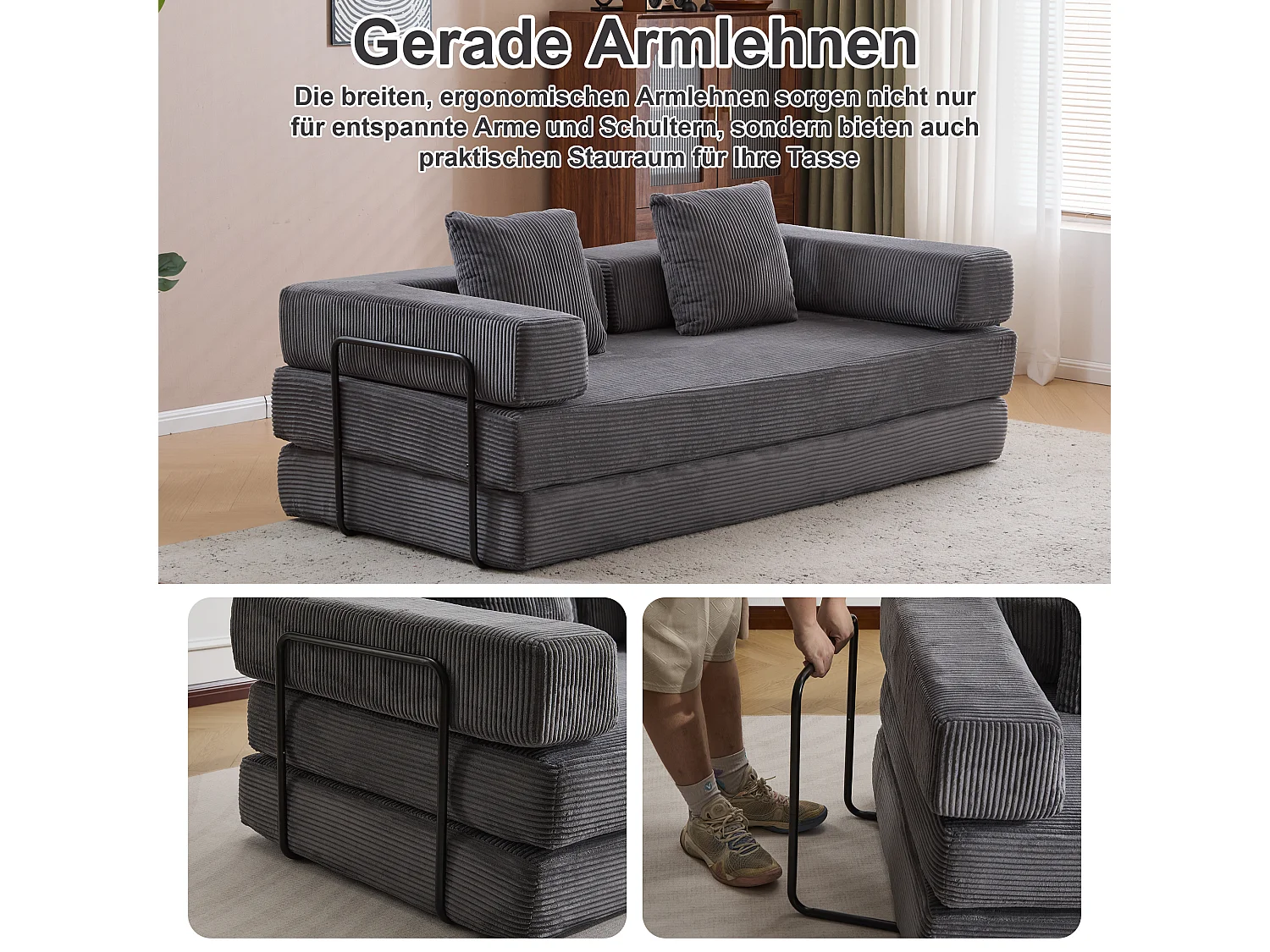 Canapé 2 places - velours côtelé - convertible - modulable - 195x95x60 cm - gris foncé