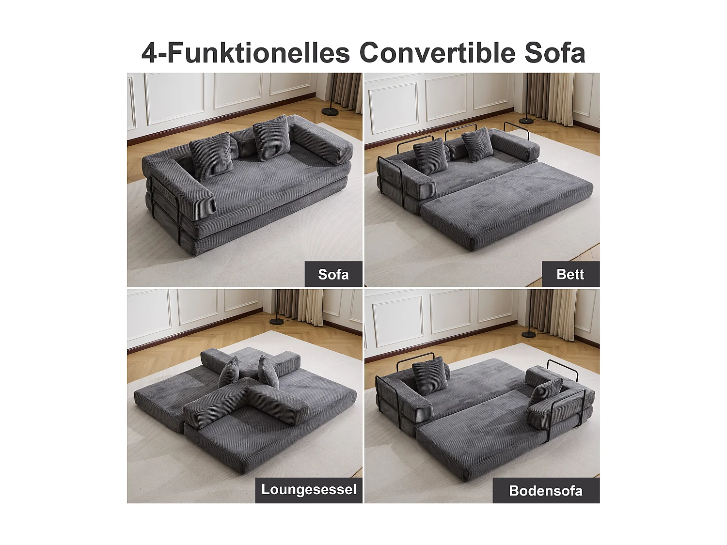 Canapé 2 places - velours côtelé - convertible - modulable - 195x95x60 cm - gris foncé