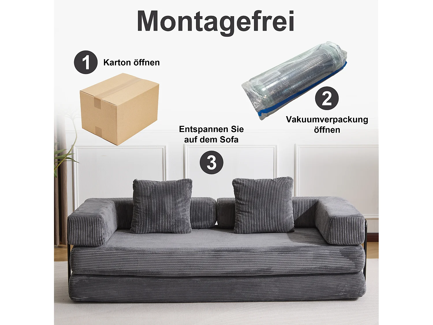 Canapé 2 places - velours côtelé - convertible - modulable - 195x95x60 cm - gris foncé