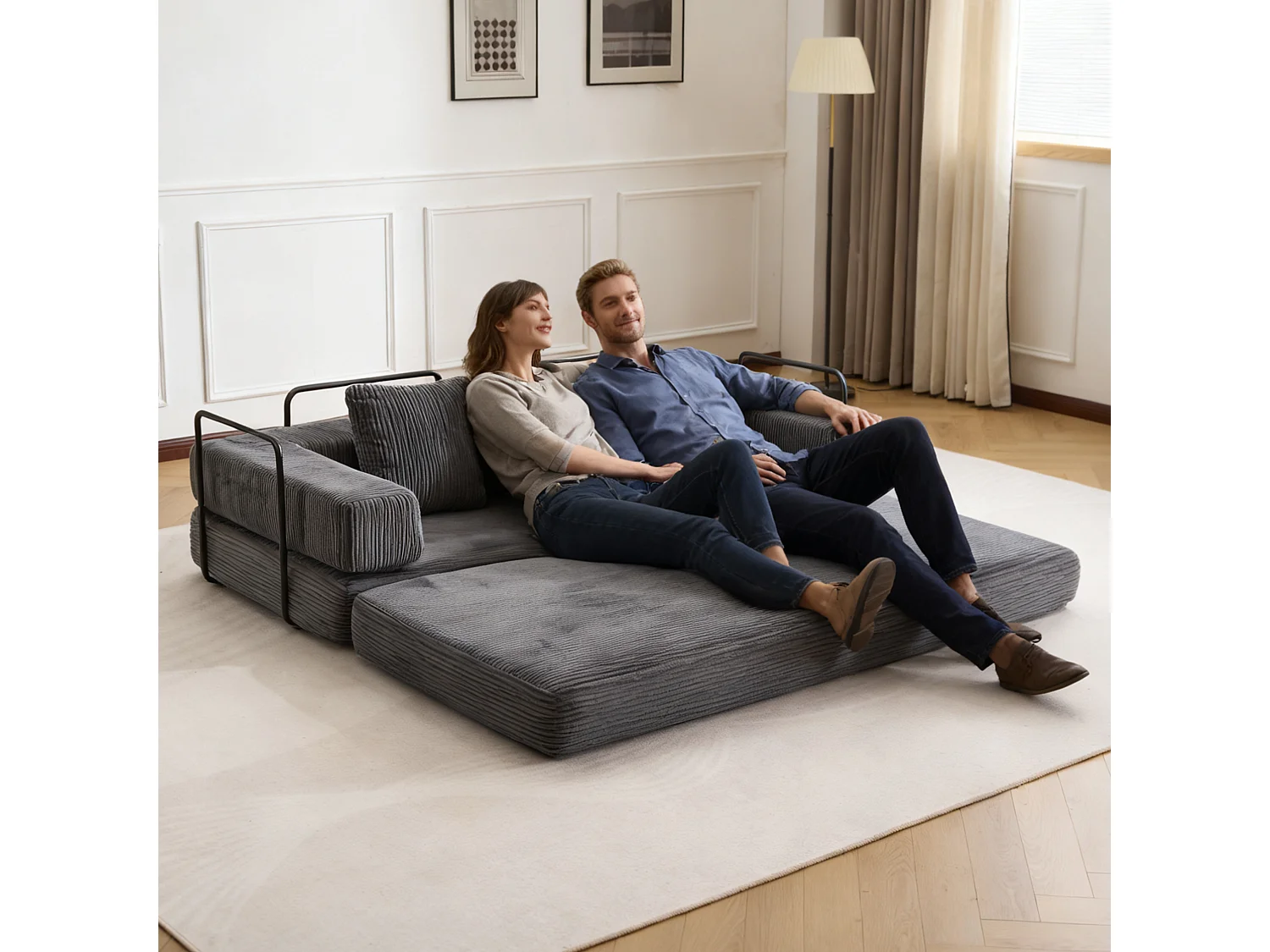 Canapé 2 places - velours côtelé - convertible - modulable - 195x95x60 cm - gris foncé